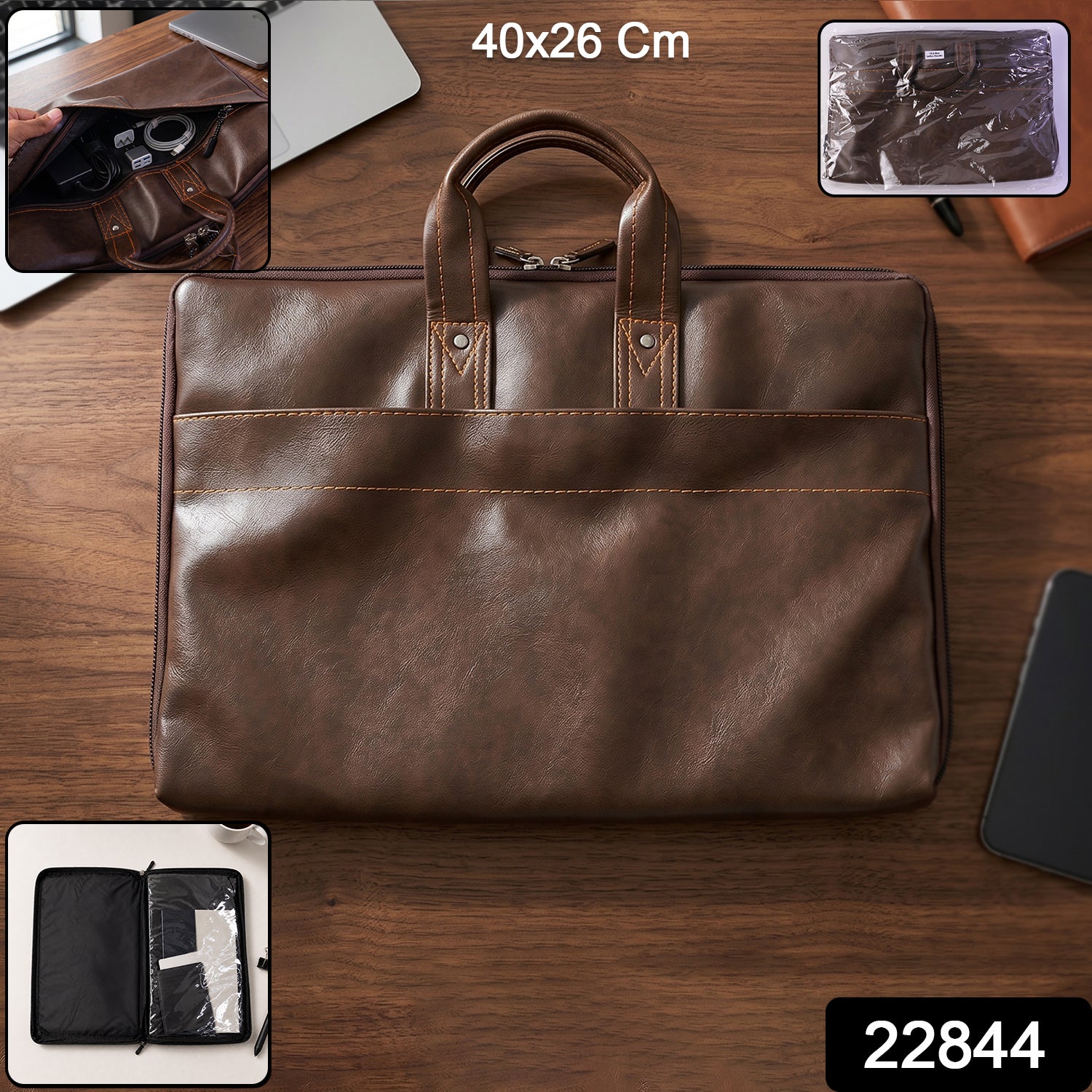 Front view of stylish leather briefcase with zipper closure and padded laptop compartment