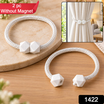 Two white braided rope curtain tiebacks with geometric white plastic fasteners, with a red "2 pc Without Magnet" label.