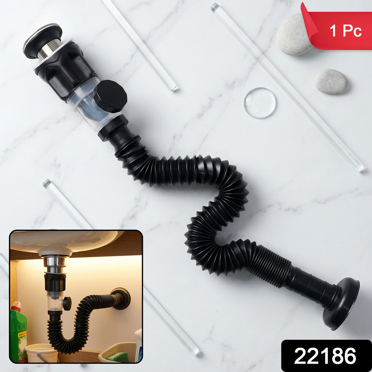 Close-up of flexible expandable drain pipe for bathroom wash basin