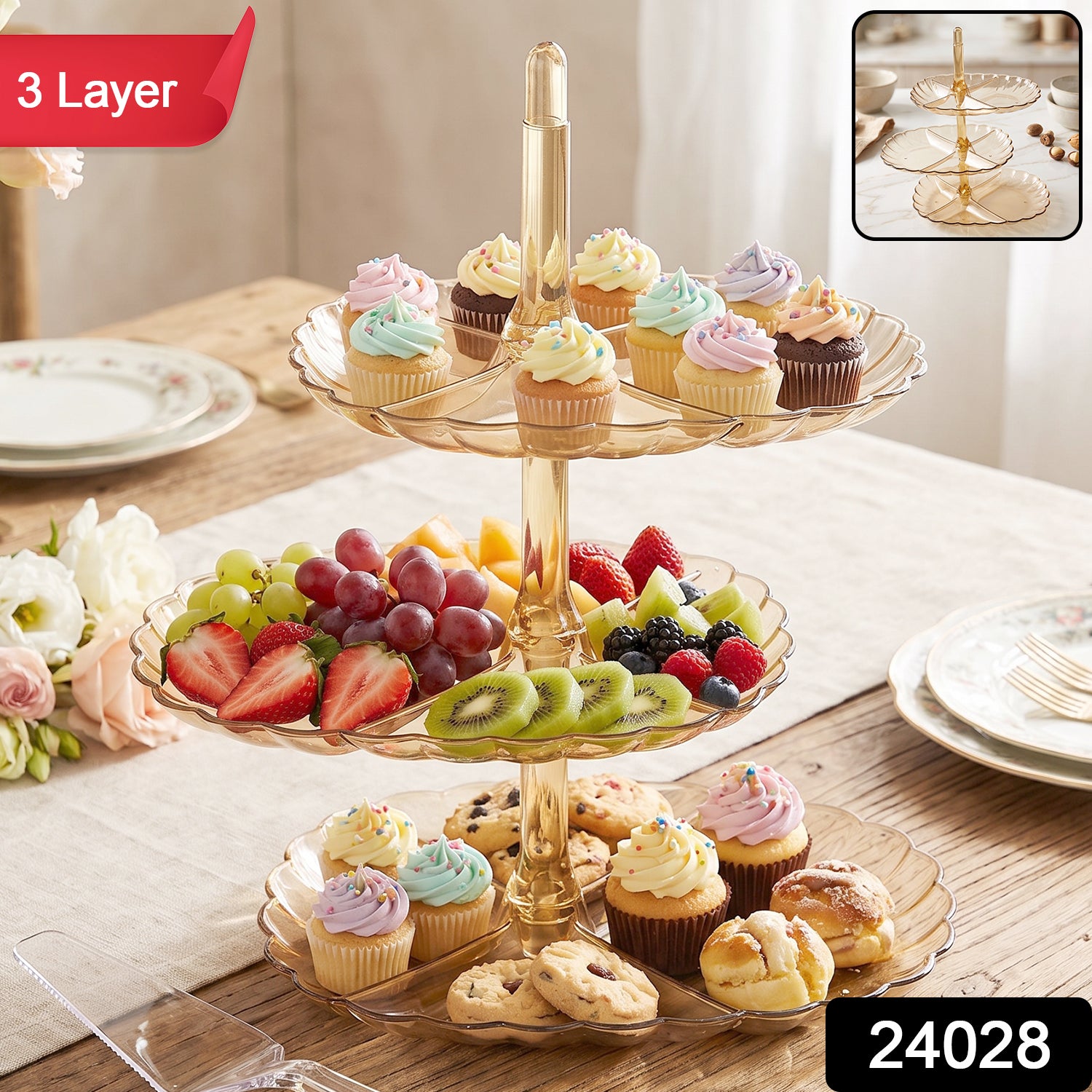 Three layer acrylic serving rack for snacks, 1 piece