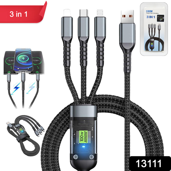 3-in-1 Super Fast Charging Cable 100w, Multifunctional Convenient Super Fast Charging Cable Nylon Braided Cord, 3-in-1 Silicone Zinc Alloy 3 Head Charging Cable