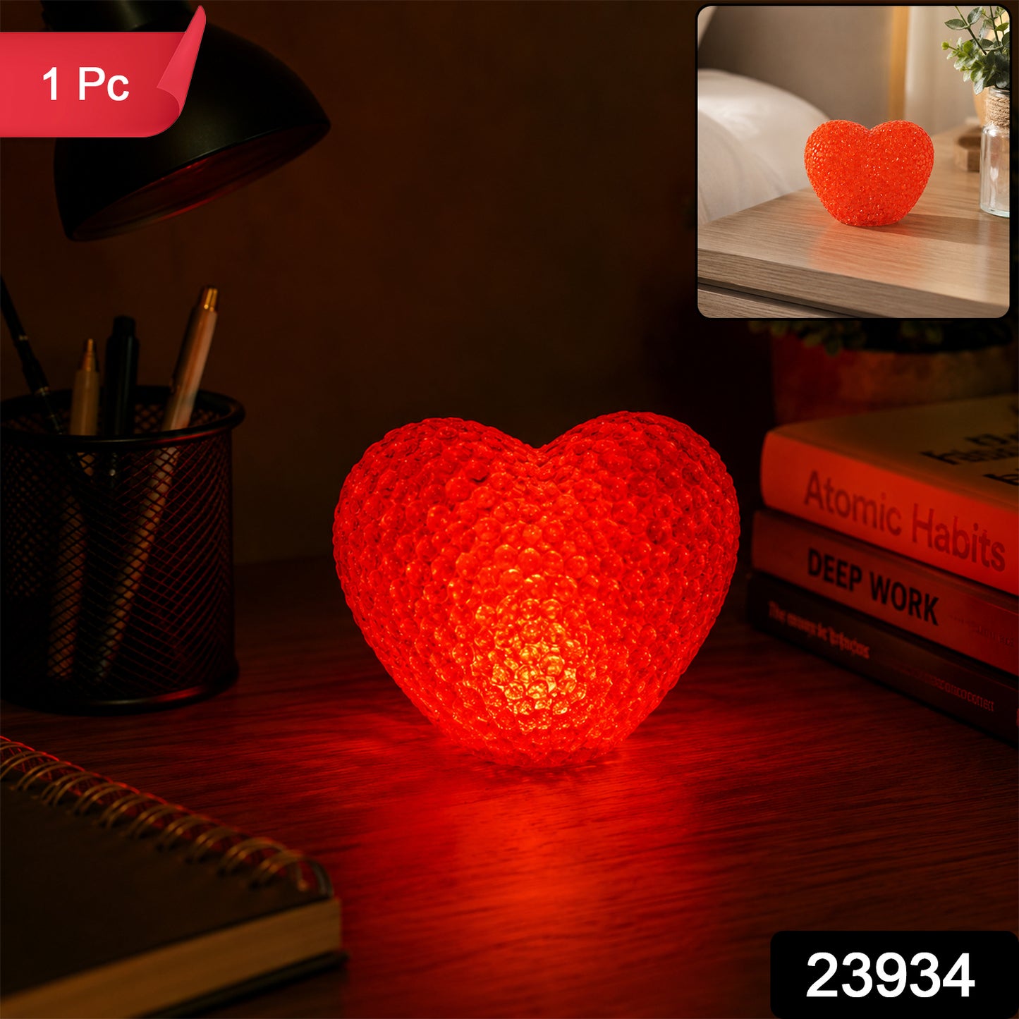 Heart Shape LED Night Lamp Crystal Texture Soft Red Glow Light (1 Pc)