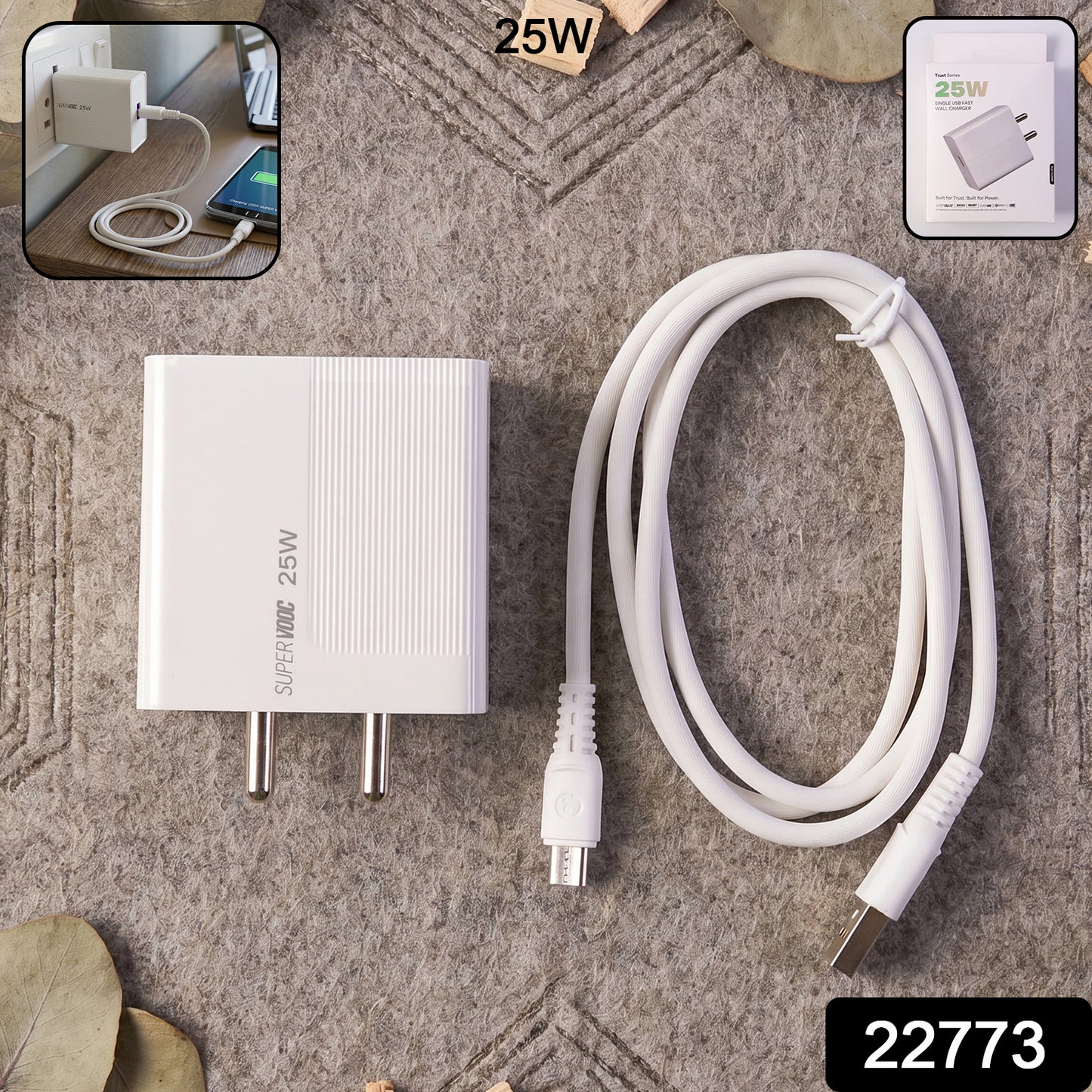 25W High Speed Single USB Fast Wall Charger Adapter with Micro USB Cable