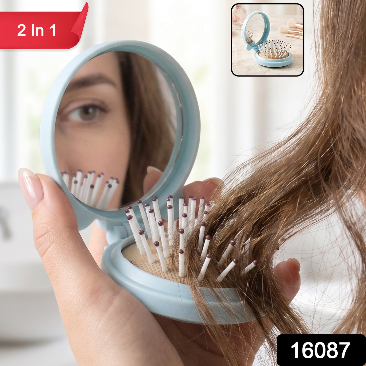 2 in 1 Folding Hair Brush with Mirror Compact Pop Up for Travel (1 Pc)