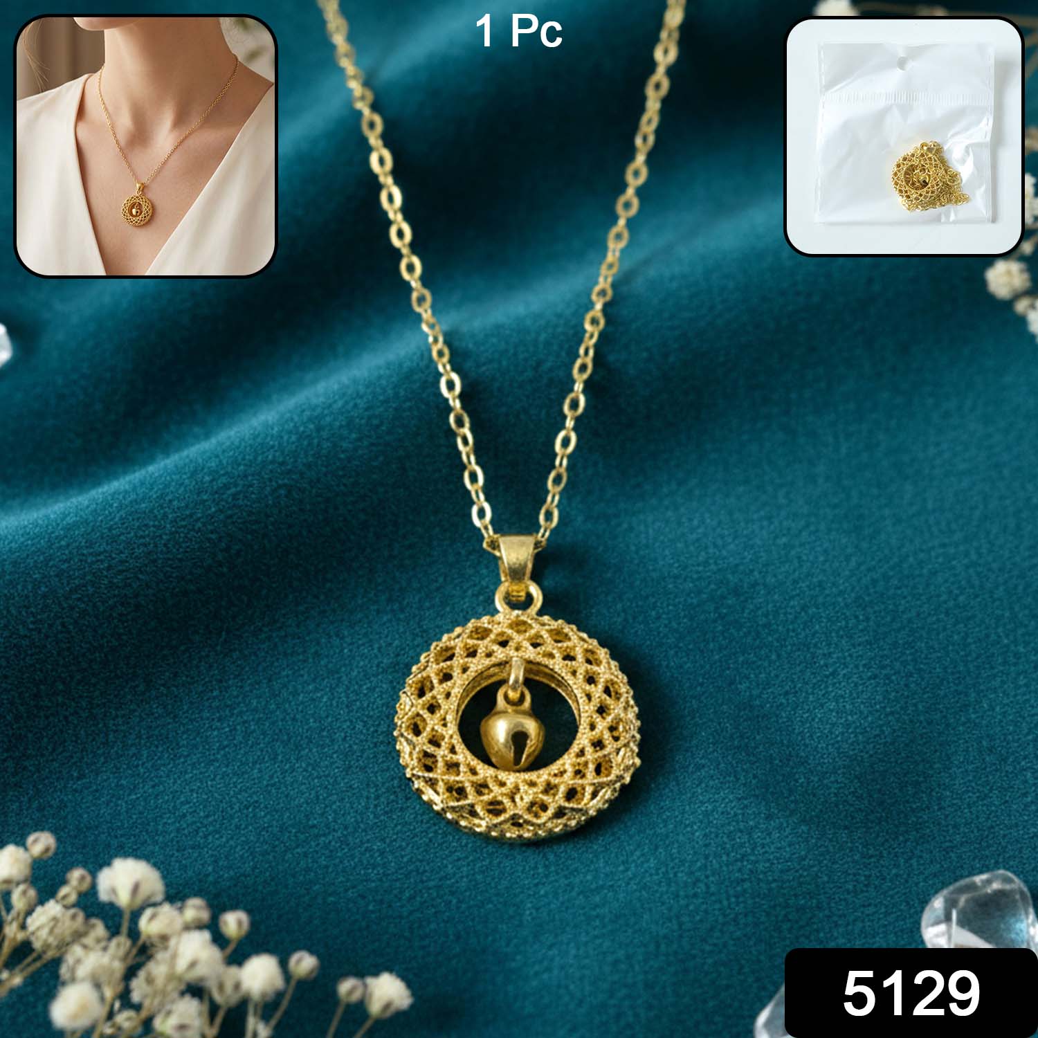 gold necklace with intricate pendant front view