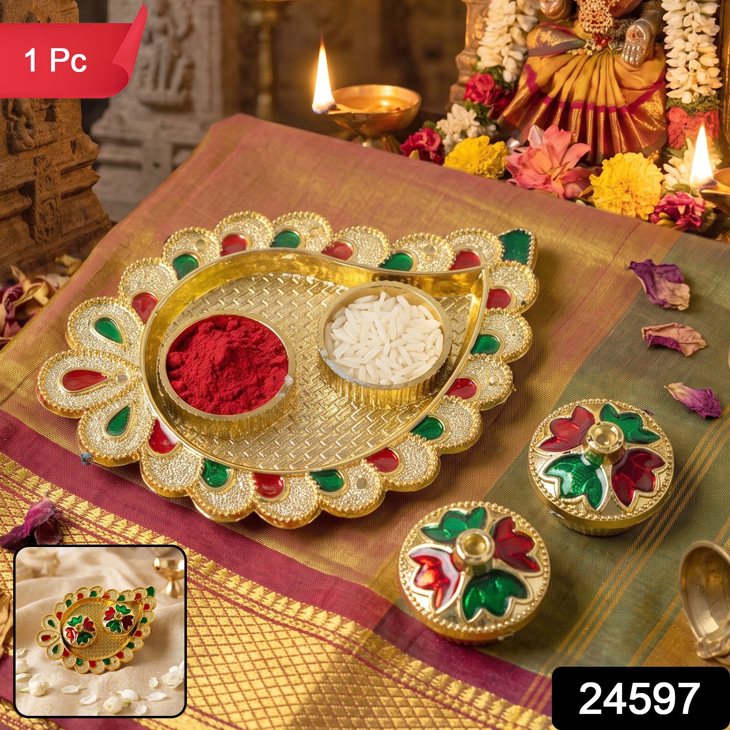 Mango Shape Kumkum Dish with 2 Diya Stands for Puja Thali Decor (1 Pc)