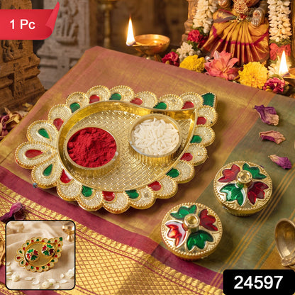Mango Shape Kumkum Dish with 2 Diya Stands for Puja Thali Decor (1 Pc)