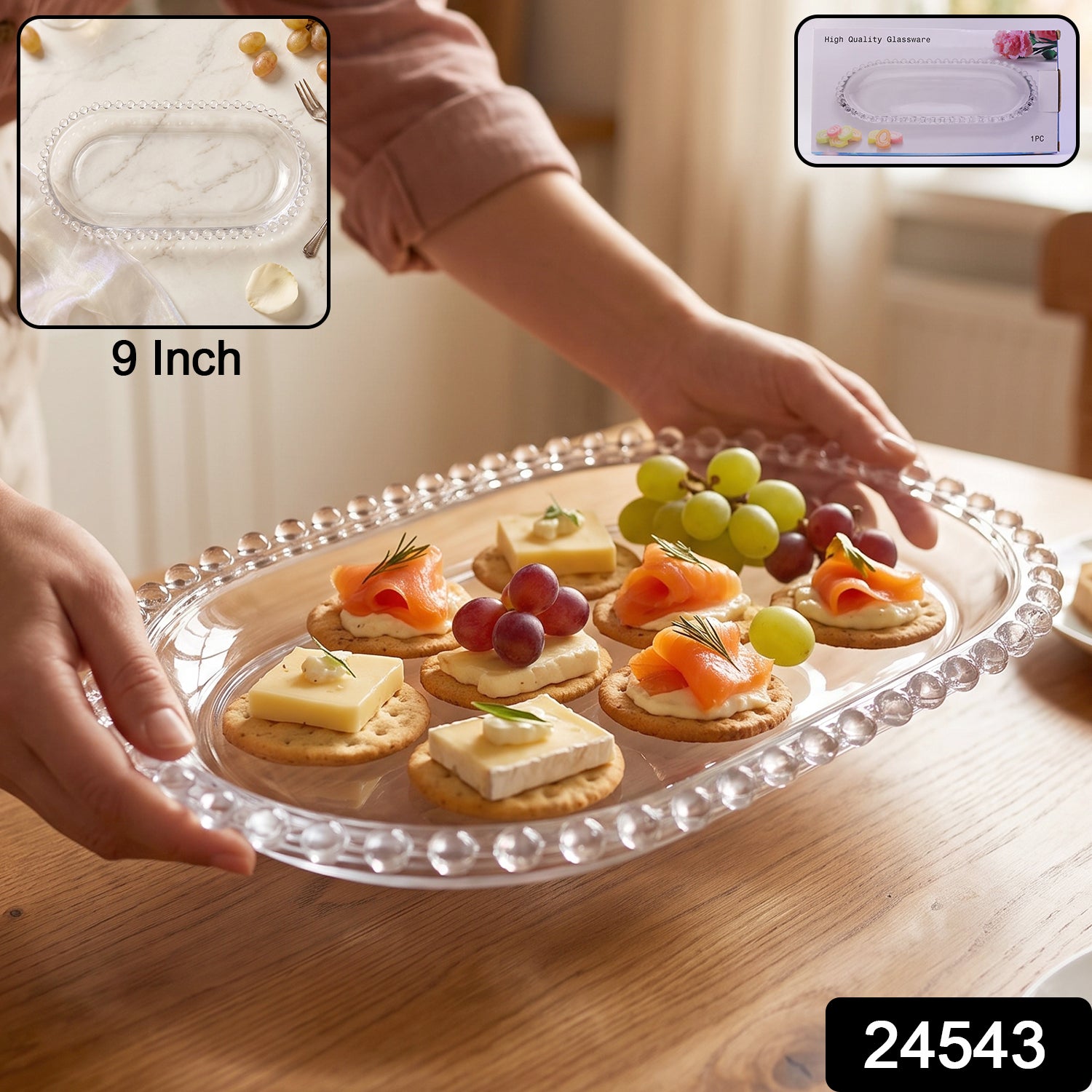 Transparent Glass Serving Tray 9 Inch Oval Beaded Edge Platter for Snacks (1 Pc)