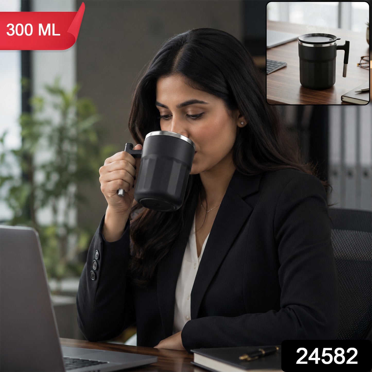 Apex Compact Coffee Mug 300 ML with Handle and Lid Matte Black (1 Pc)