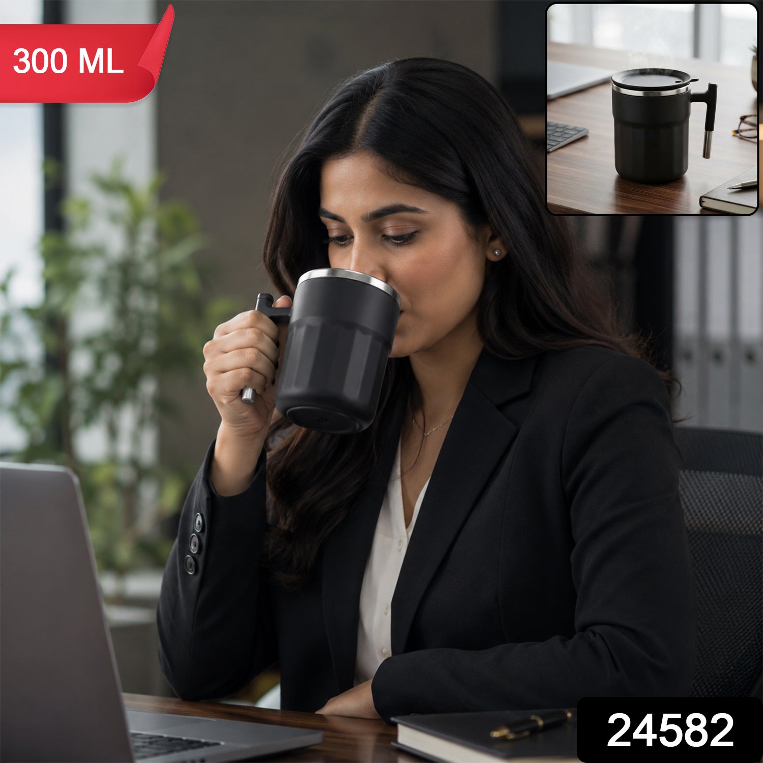 Apex Compact Coffee Mug 300 ML with Handle and Lid Matte Black (1 Pc)