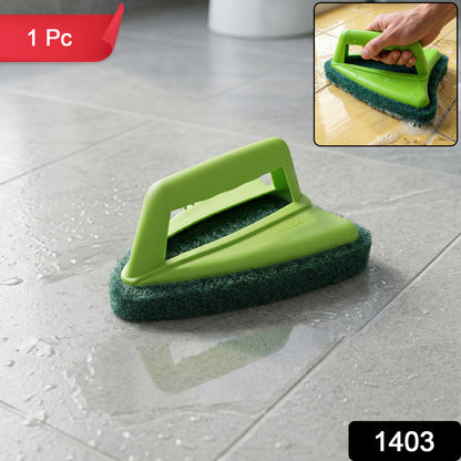 Close-up of scrubber brush handle and sponge