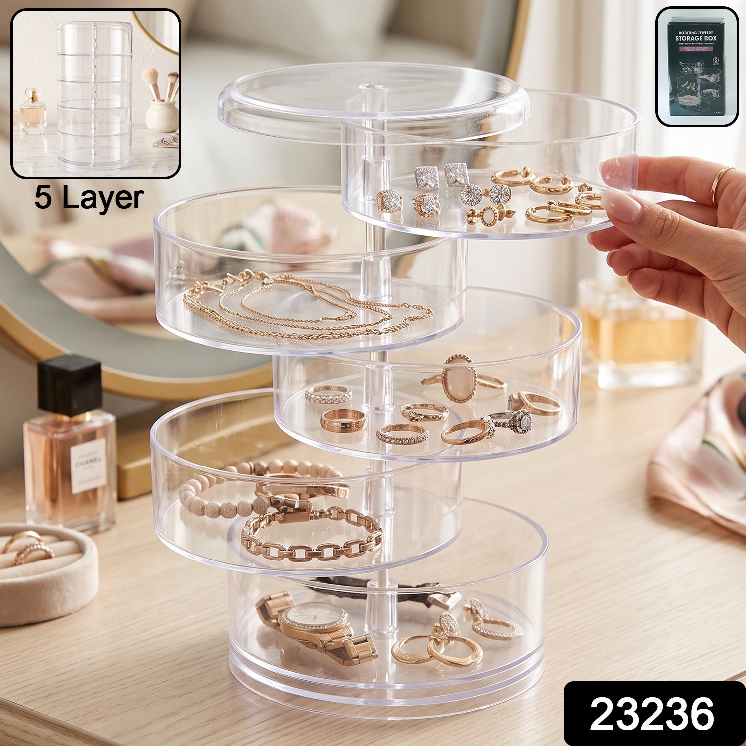 5 Layer Rotating Jewelry Storage Box Organizer for Rings Earrings Watches (1 Pc)
