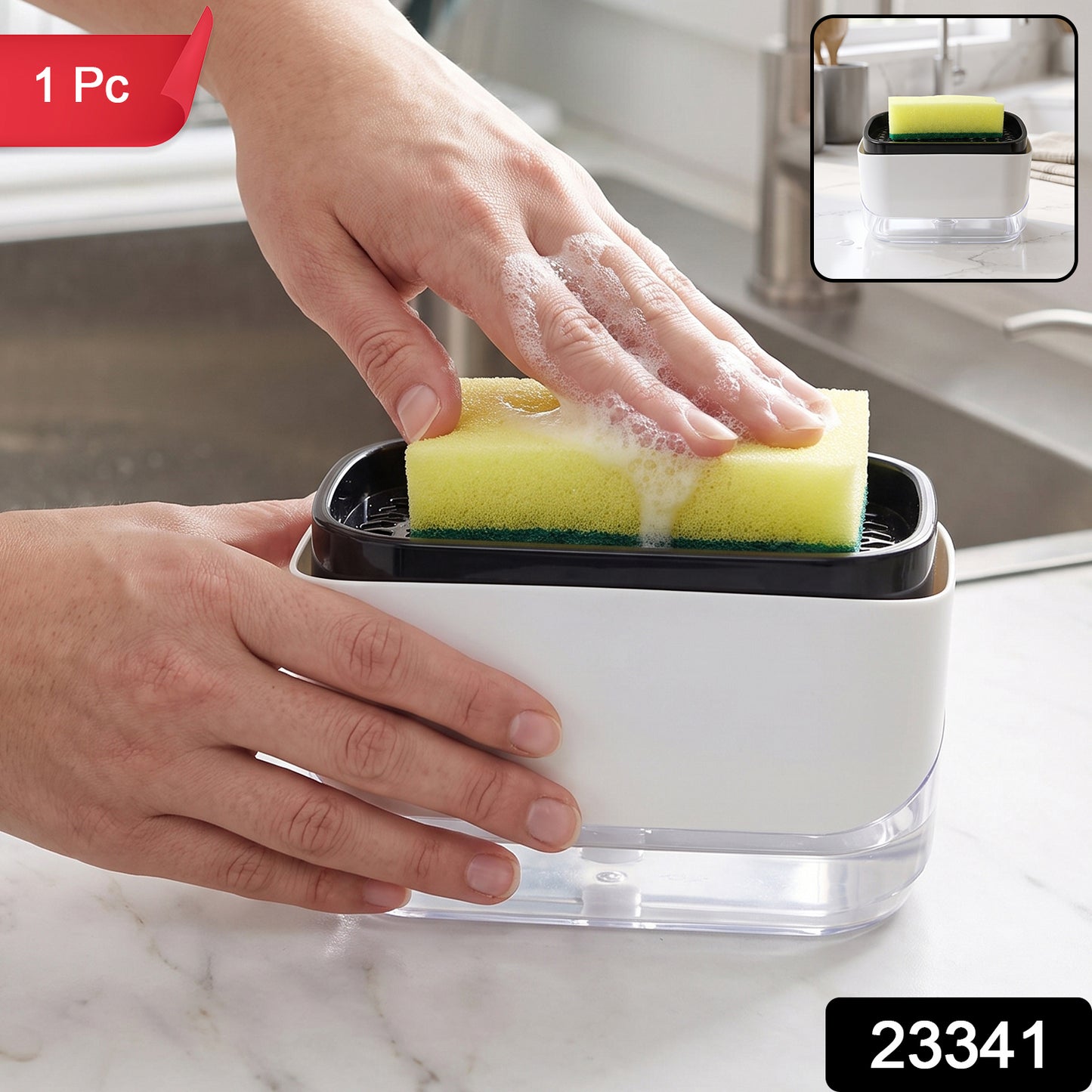 2 In 1 Press Soap Pump Dispenser with Sponge Holder for Kitchen Sink (1 Pc)