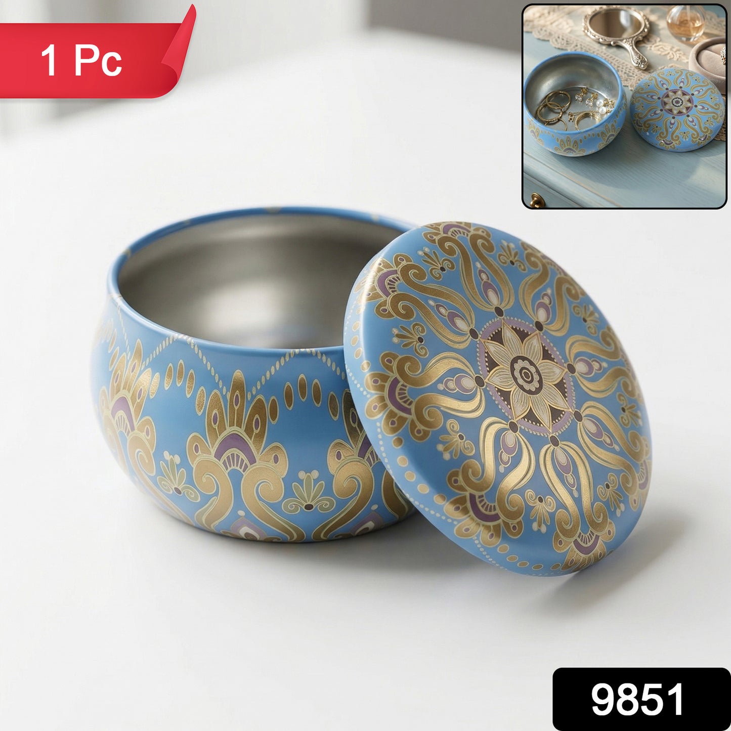 Mandala metal tin container used as organizer box