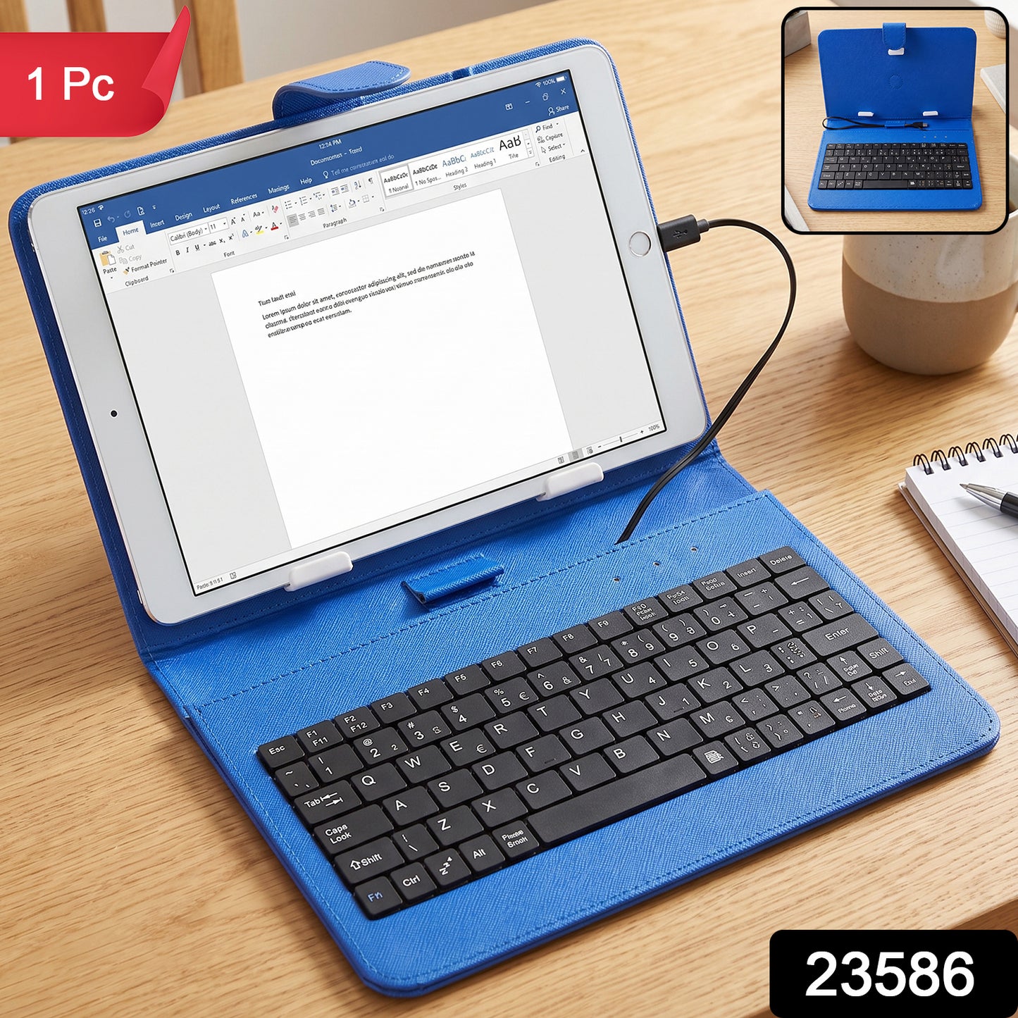 A blue PU leather case with a tablet and wired keyboard is shown on a wooden table, with a smaller inset image.