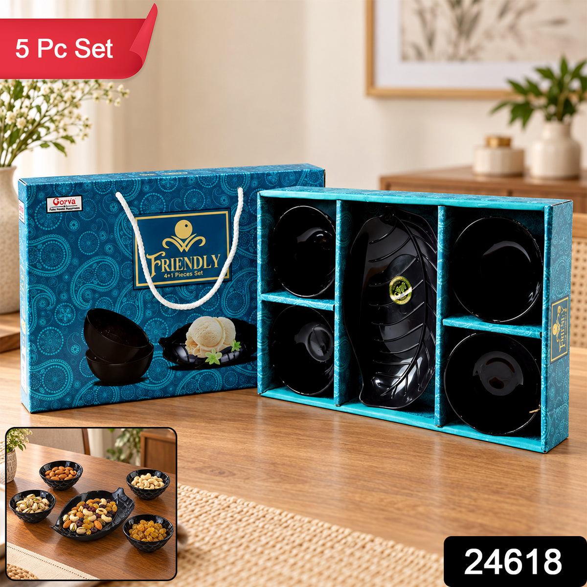 Serving Bowl Set with Leaf Shaped Platter for Snacks and Dry Fruits (5 Pc Set)