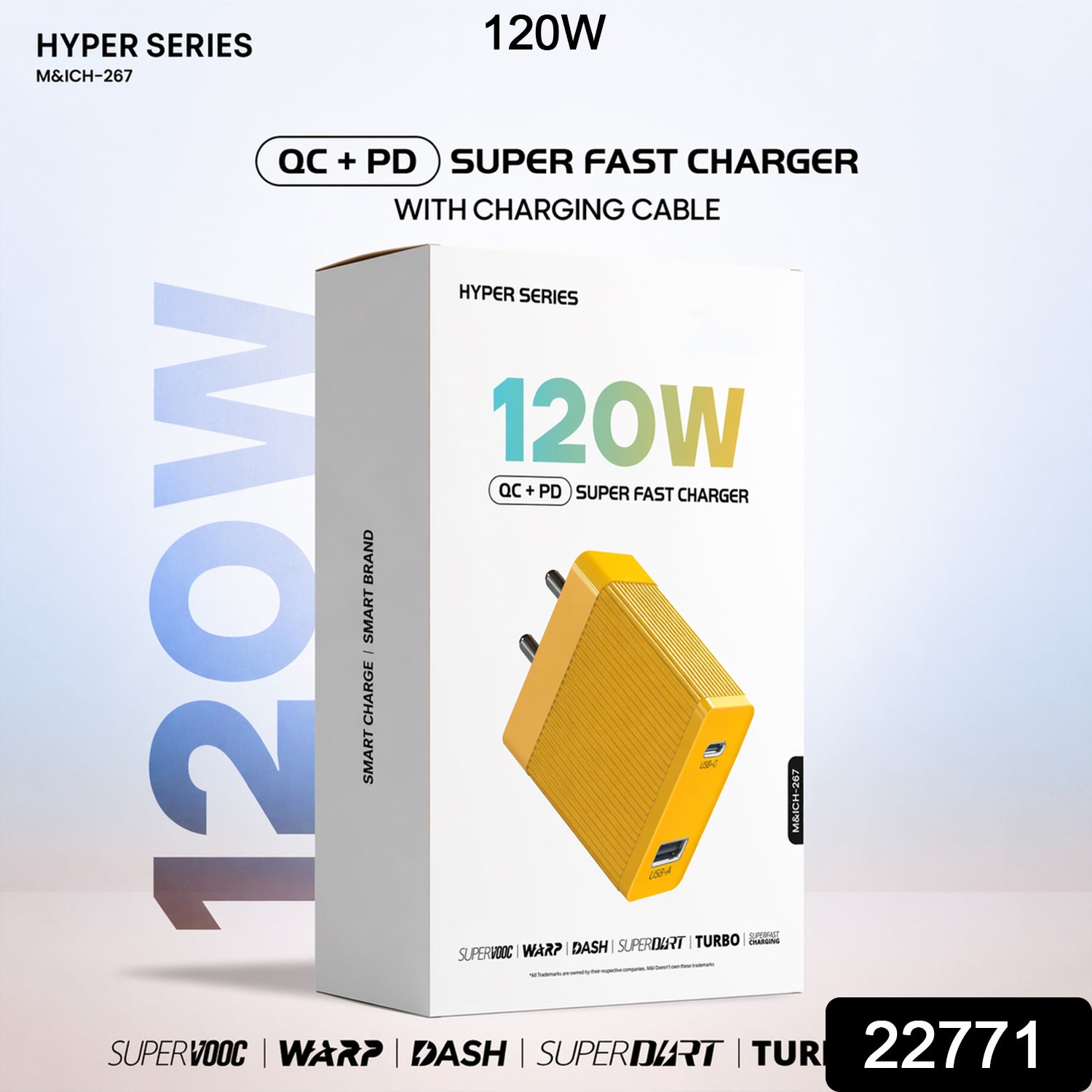 Close-up of the 120W super fast charging power adapter and Type-C cable