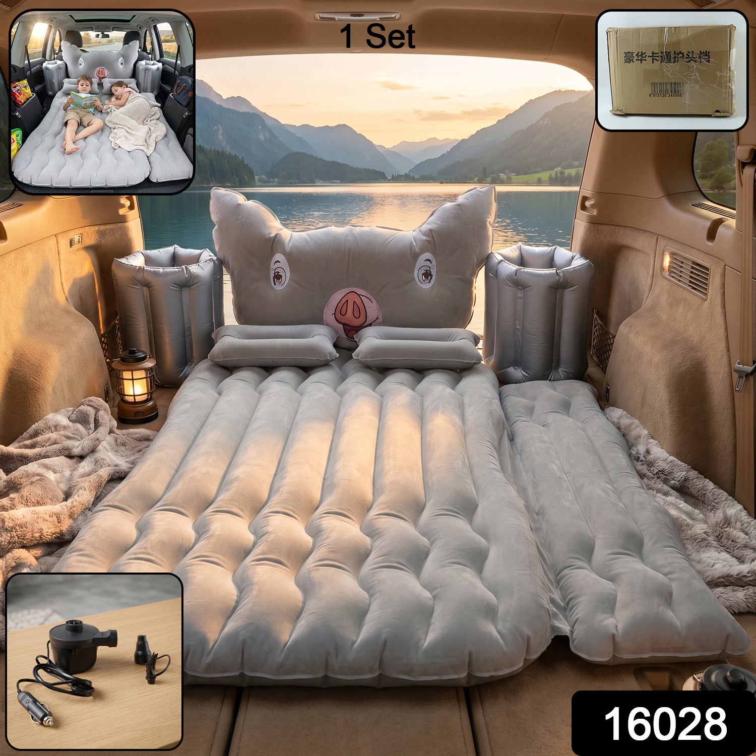 Complete inflatable car bed set including mattress, pillows and pump