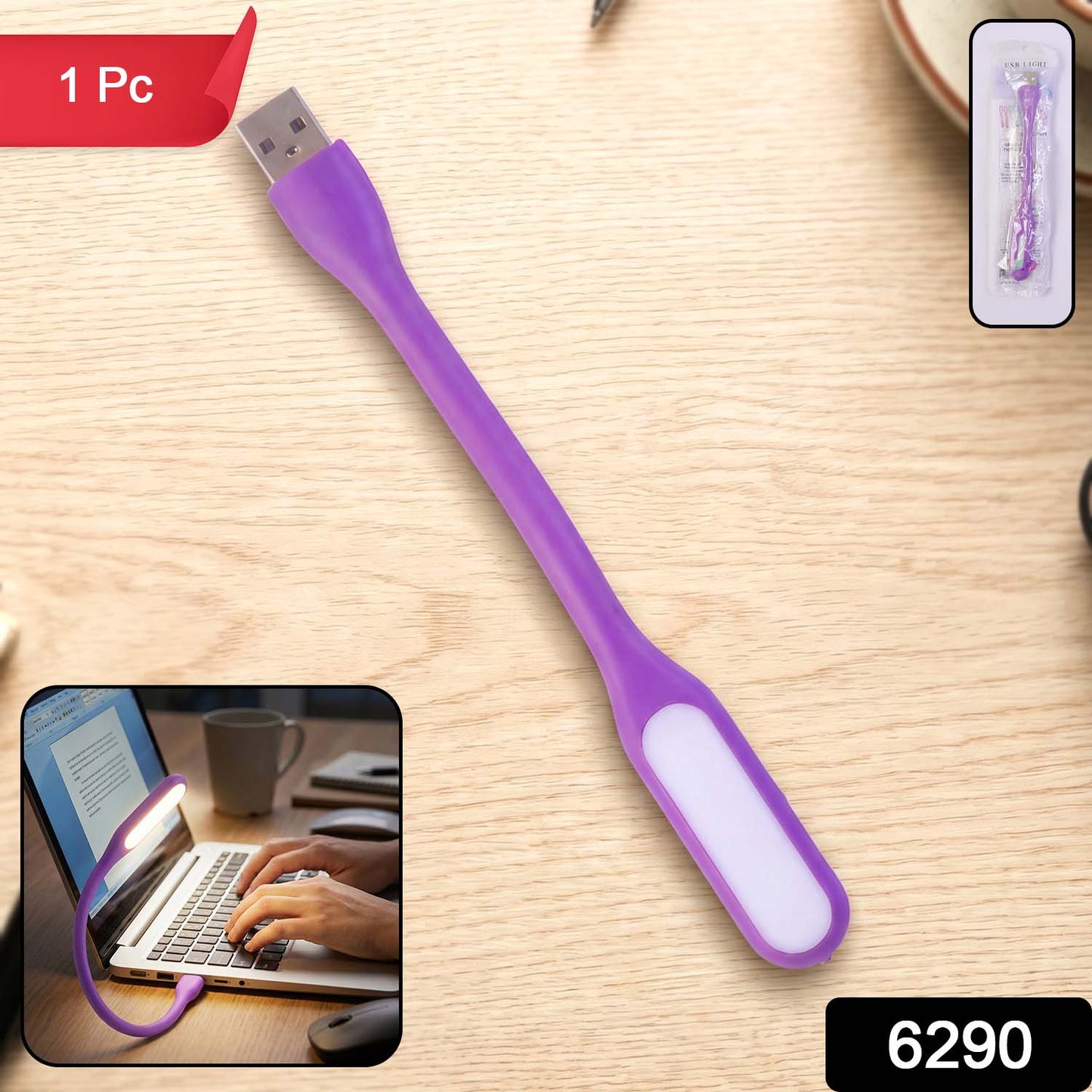 Compact purple USB LED light with flexible neck on a desk