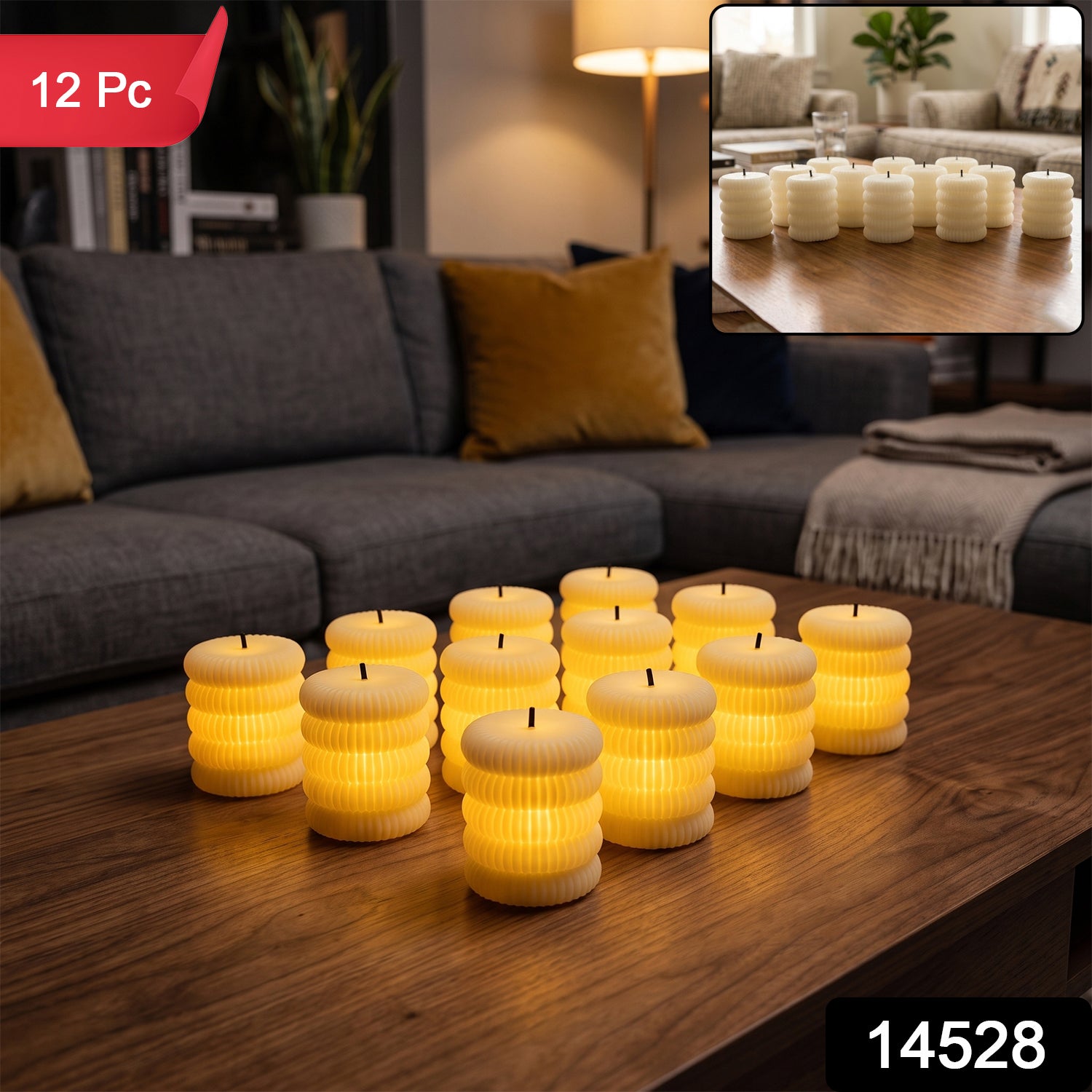 Decorative Flameless LED Candle Set Ribbed Pillar Warm Glow Light (12 Pc)