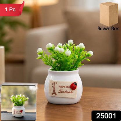 Mini Artificial Plant with Ceramic Pot White Flower Bonsai for Home Decor (1 Pc)