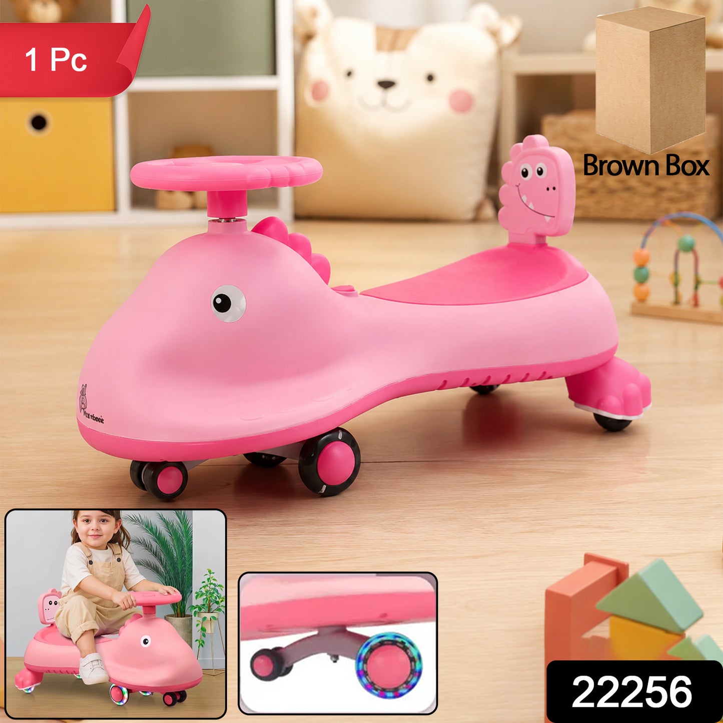 Kids Swing Car Ride On Toy with Music, Pink Shark Design Magic Twist Car (1 Pc)