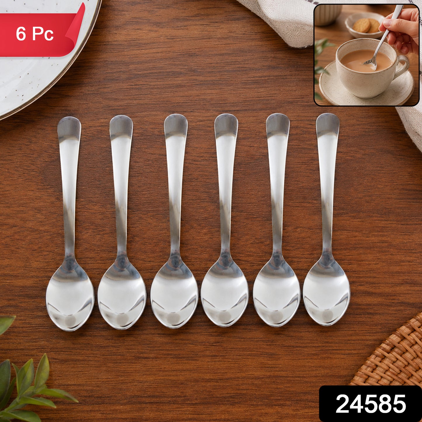 Apex Stainless Steel Tea Spoon Set with Oval Bowl and Slim Handle (6 Pc)