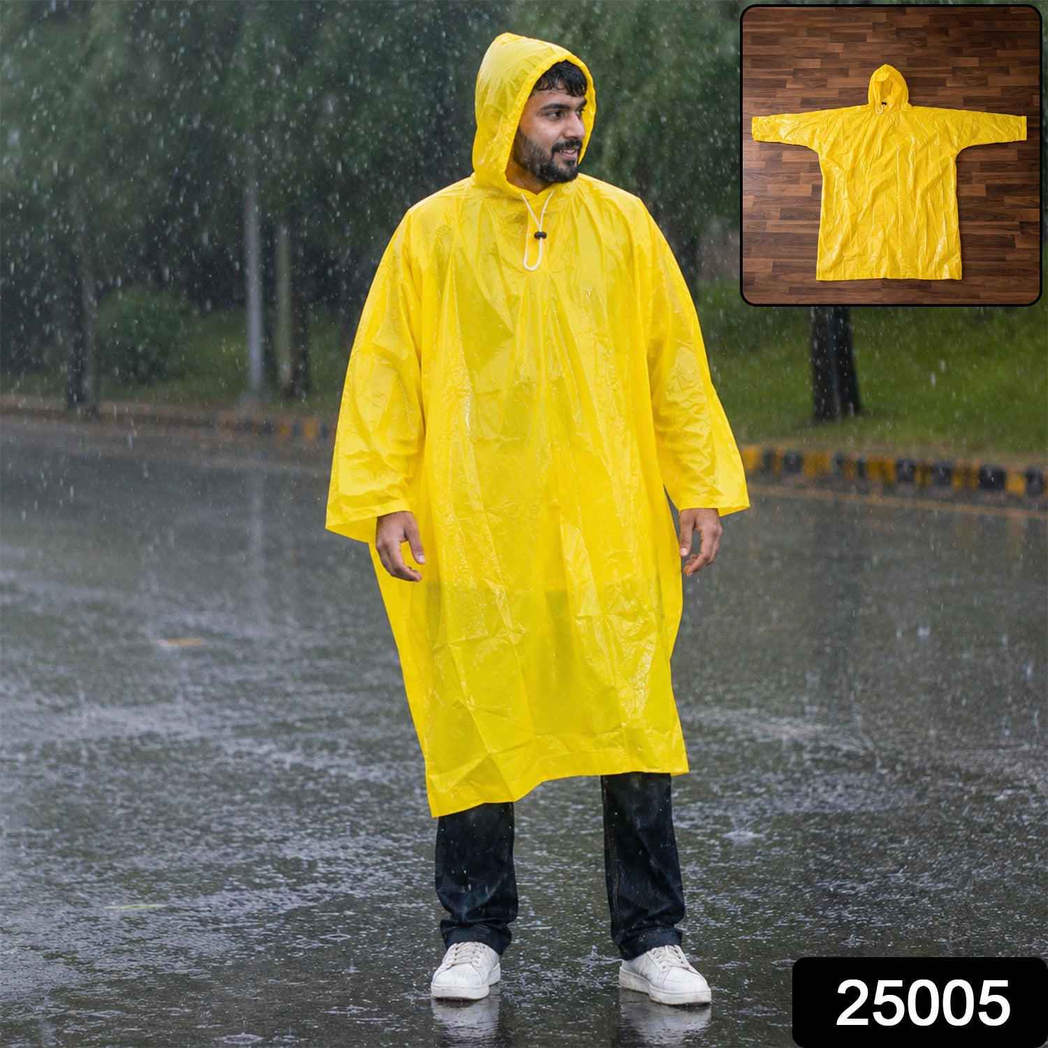 Reusable Waterproof Raincoat, Hooded Long Rain Poncho, Yellow (1 Pc)