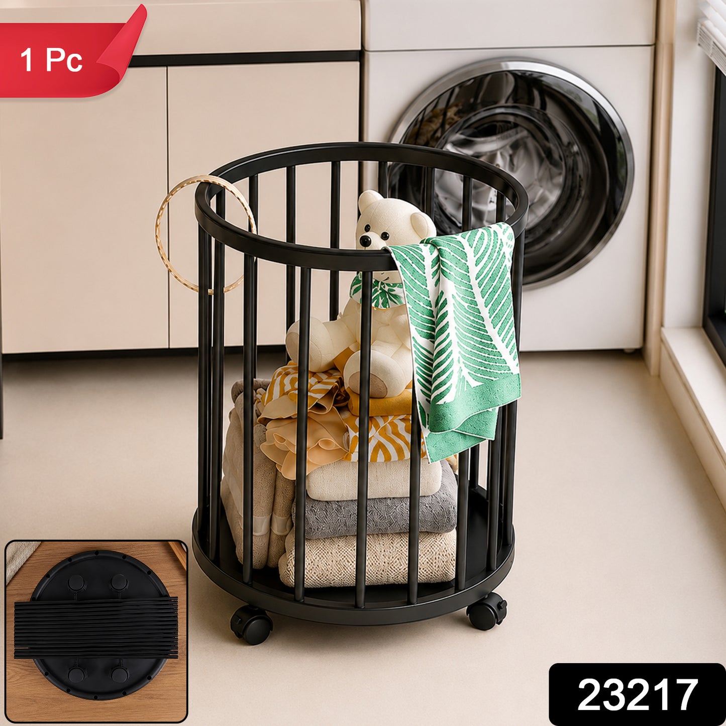 Metal Laundry Basket with Wheels, Round Standing Dirty Clothes Hamper (1 Pc)
