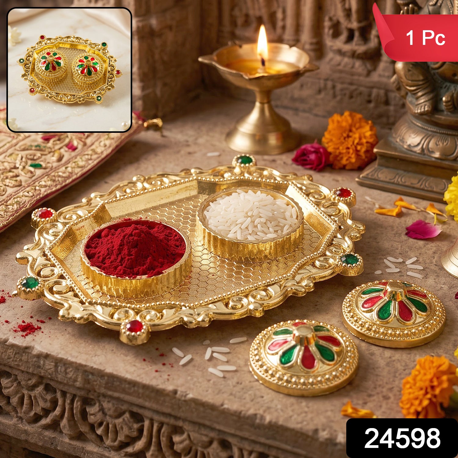 Decorative Golden Kankavati Kumkum Holder with Meenakari Lids (1 Pc)