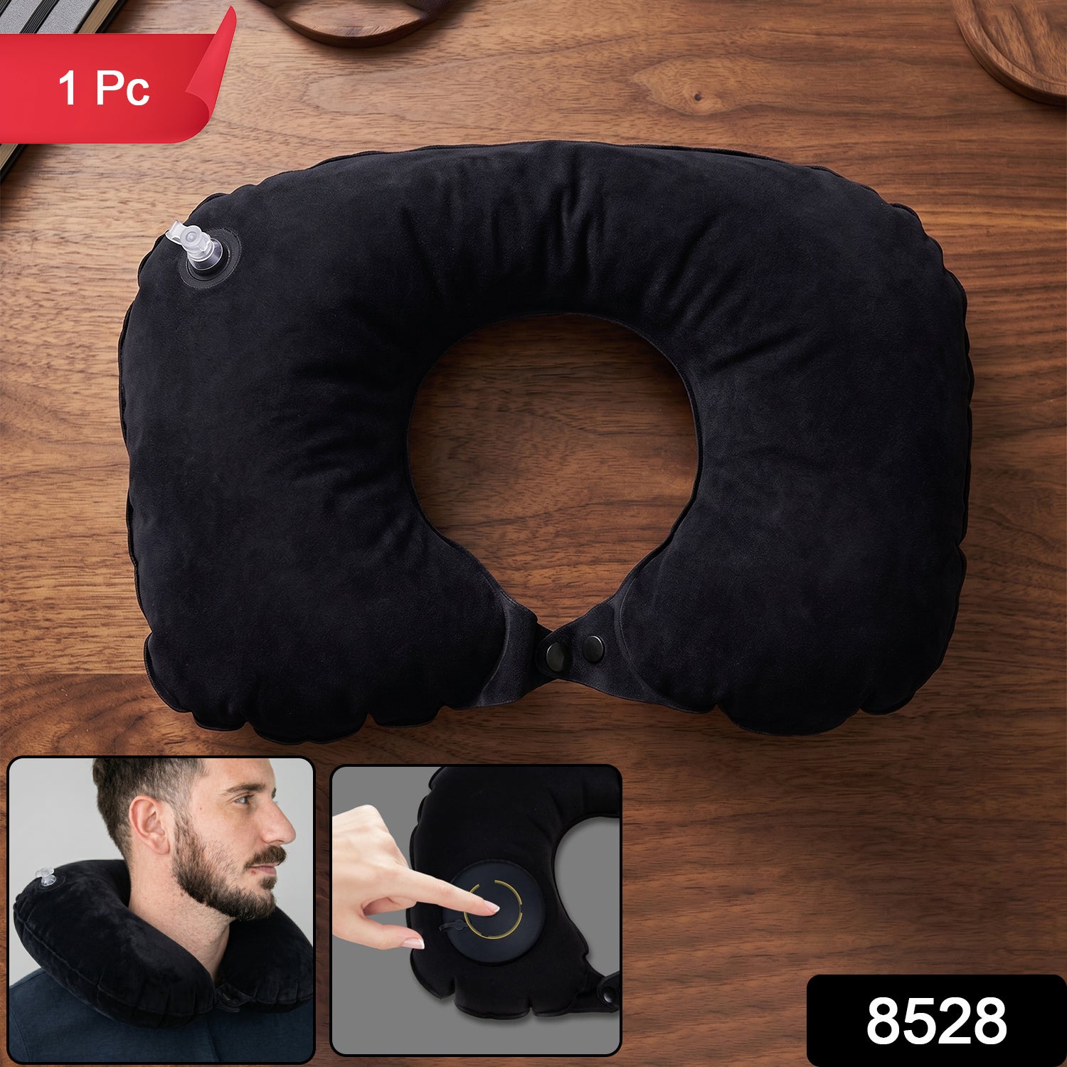 Close-up of the soft flocked PVC surface on a black inflatable travel pillow