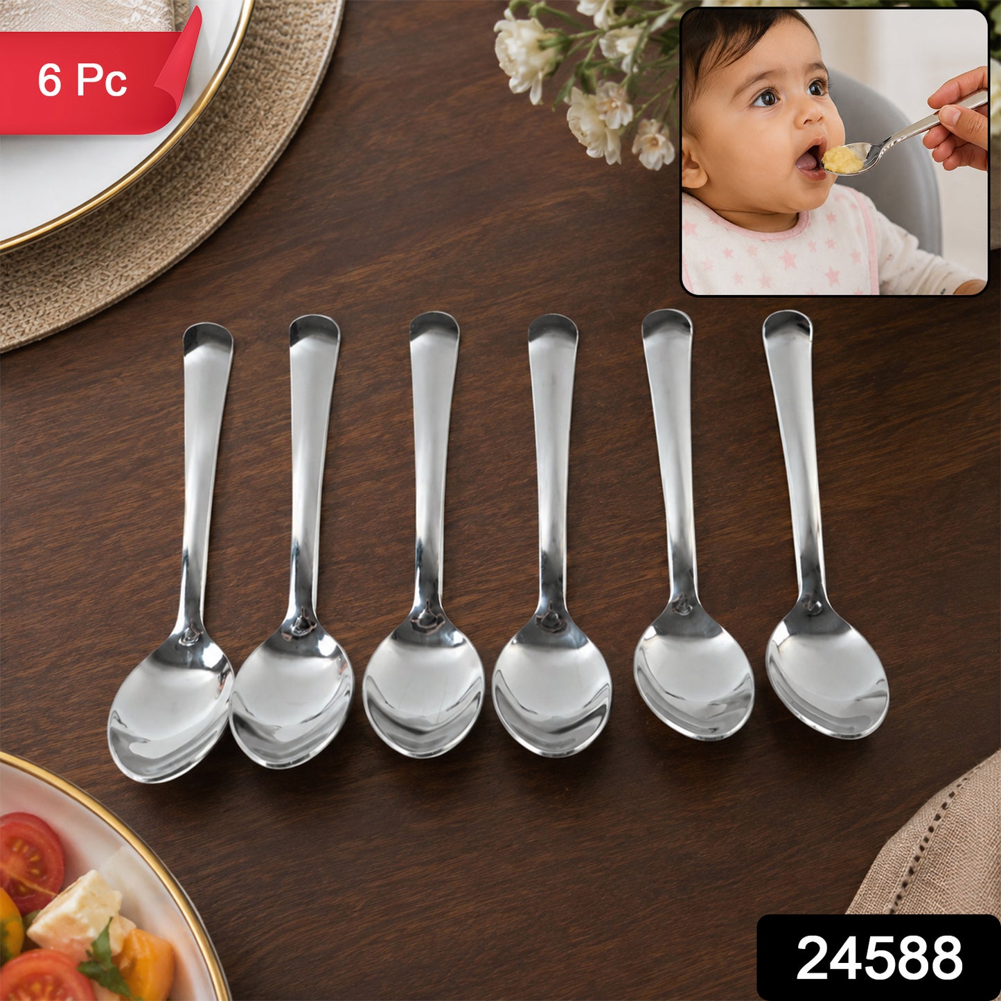 Apex Stainless Steel Baby Feeding Spoon Set with Round Bowl Tip (6 Pc)
