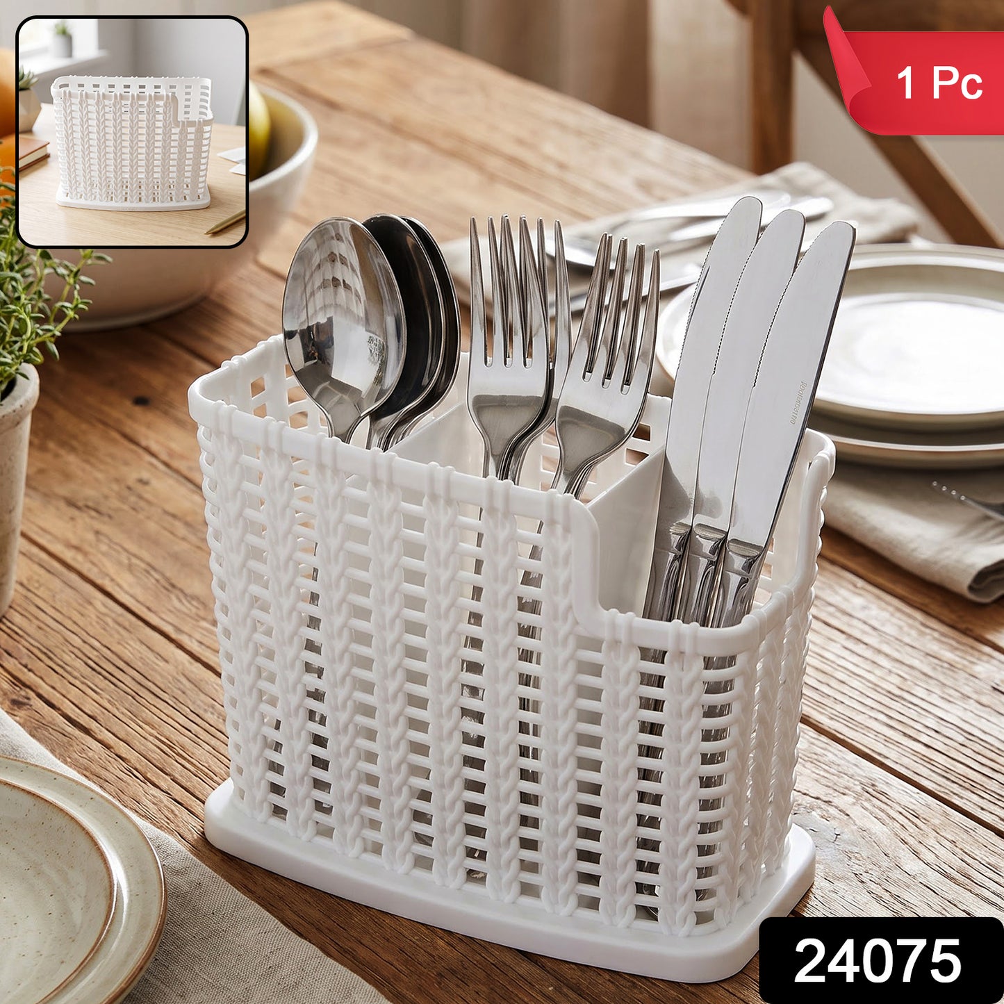 Plastic Cutlery Storage Organizer Basket with Drain Base for Kitchen (1 Pc)