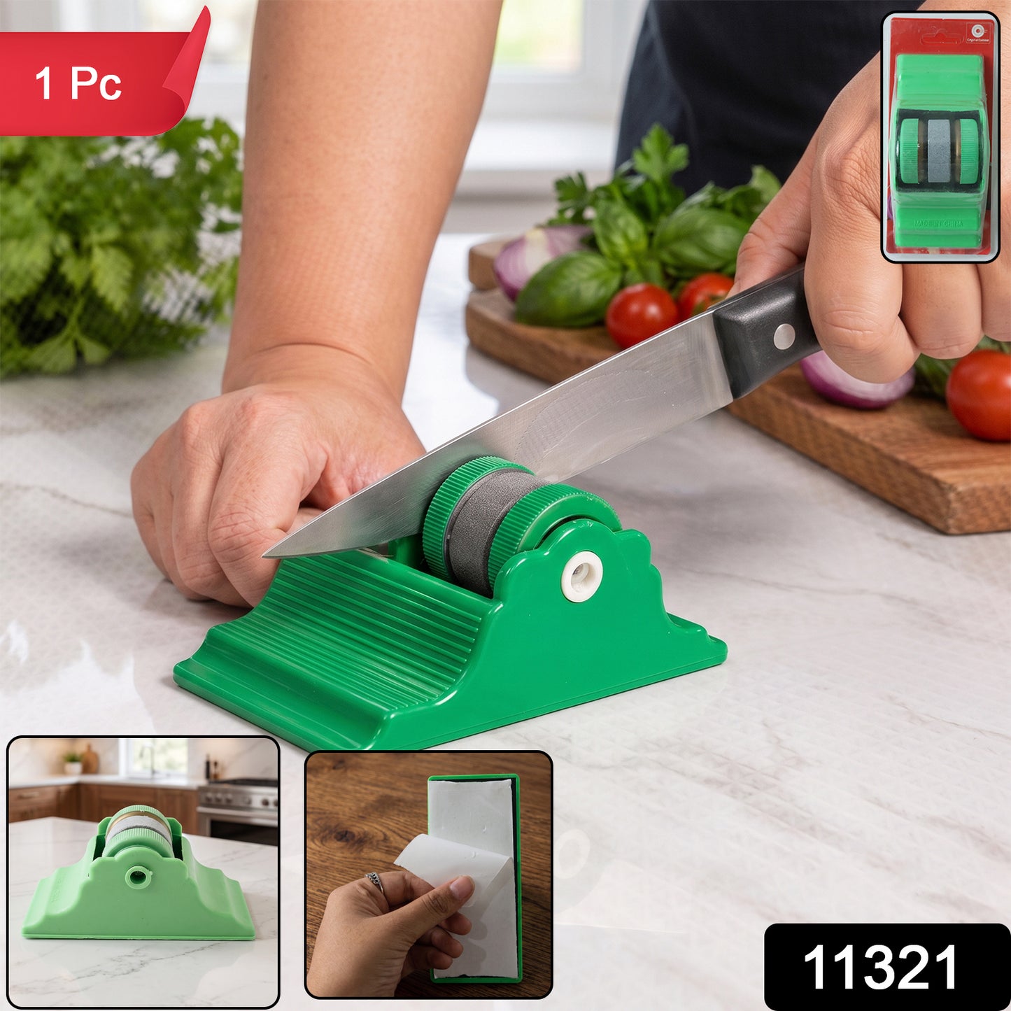 Compact Knife Sharpener with Adhesive Base, Manual Roller Blade Sharpener (1 Pc)