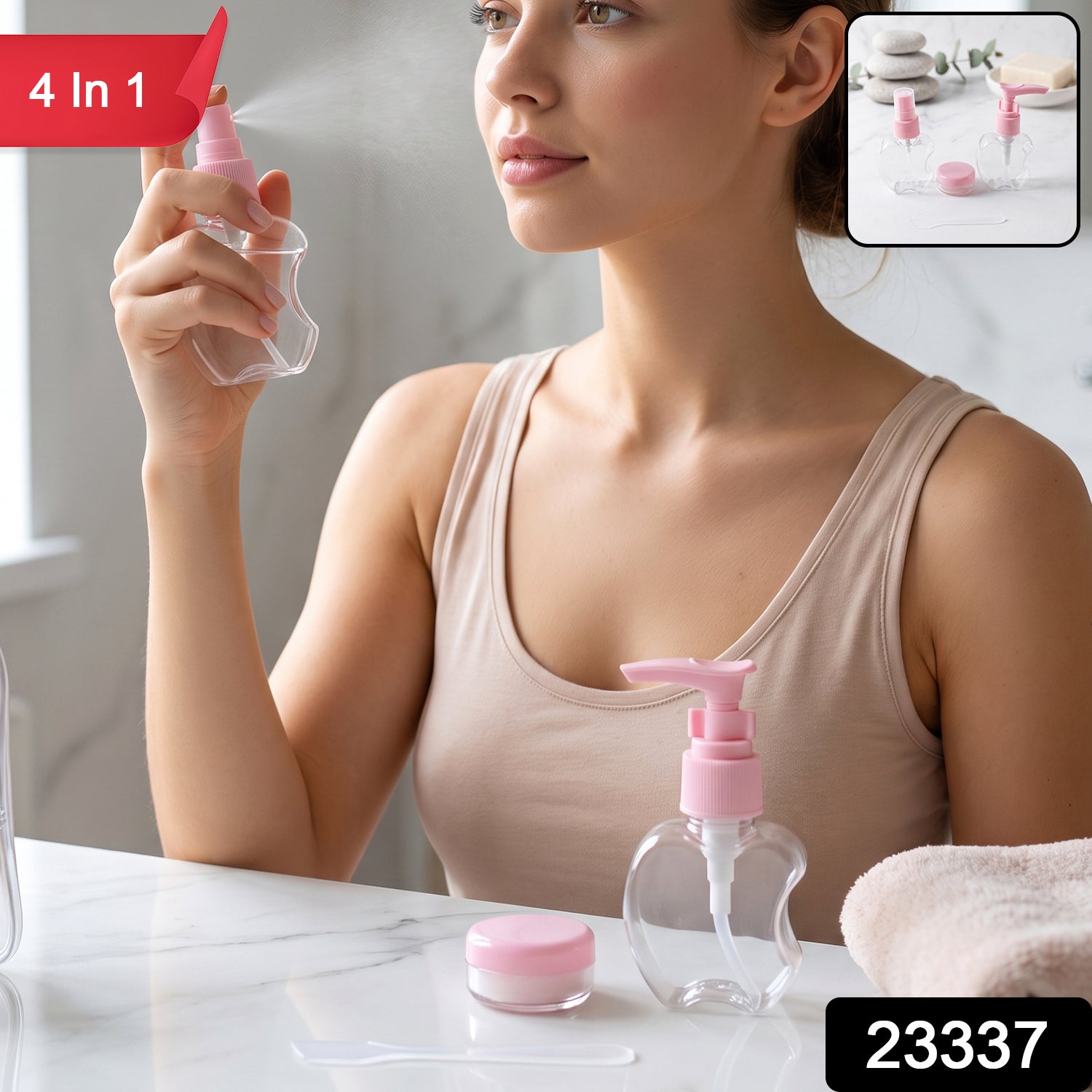 Travel Refillable Empty Cosmetic Bottle Set with Spray Pump Jar (4 Pc Set)