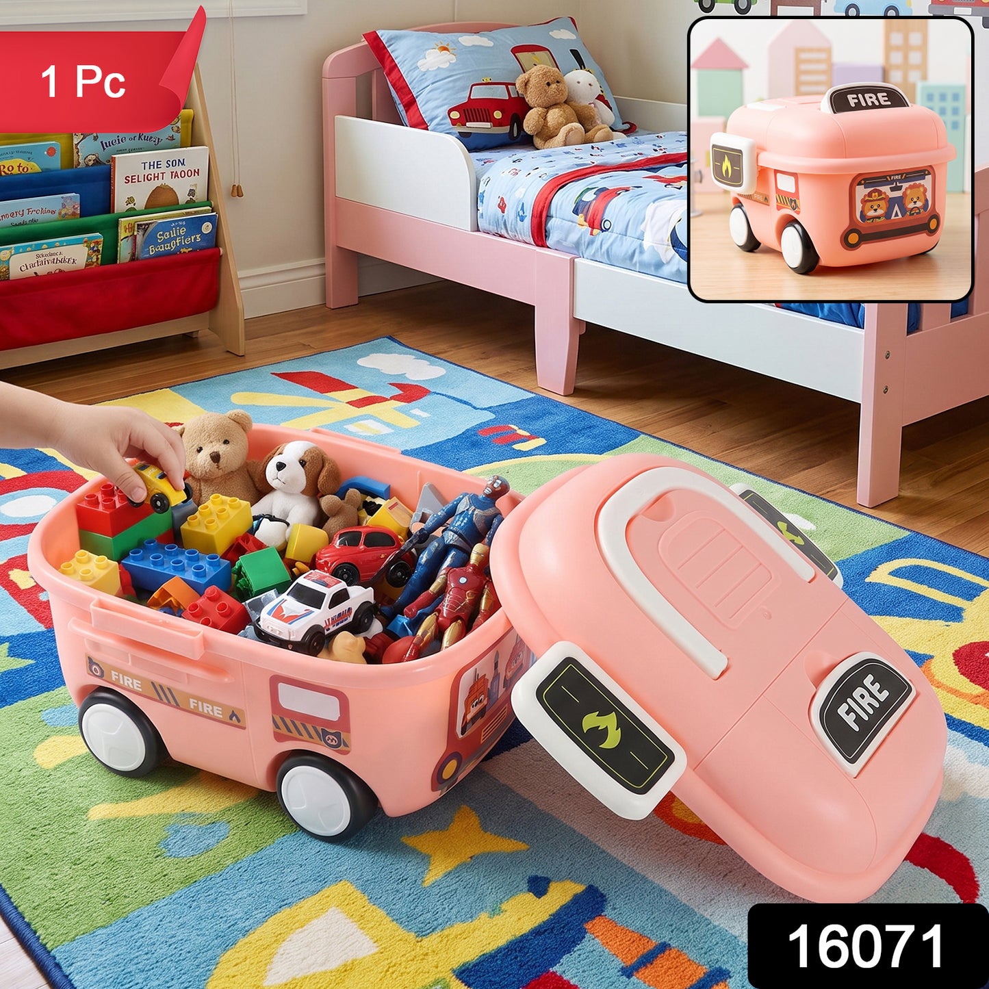 Fire Truck Kids Toy Storage Box with Lid and Wheels for Bedroom (1 Pc)