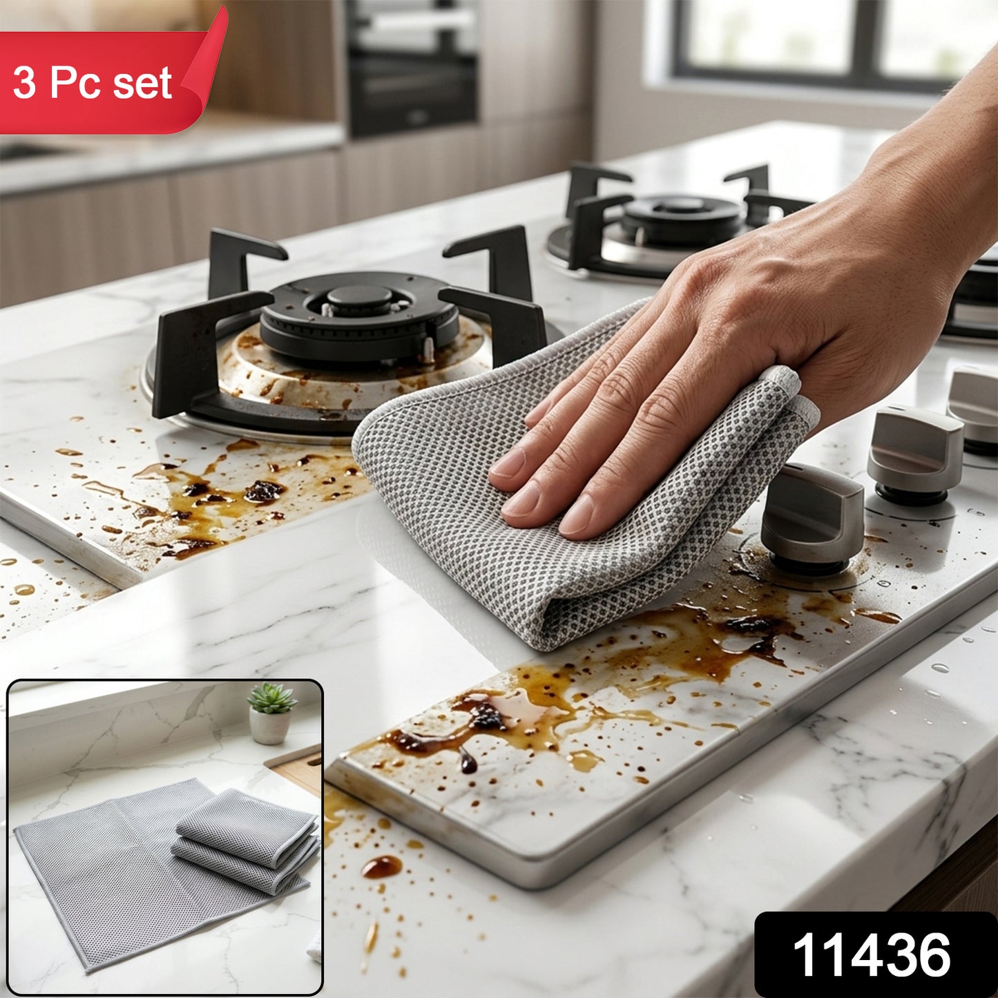 Dual Sided Microfiber Cleaning Towel for Kitchen Countertop Gas Stove (3 Pc Set)