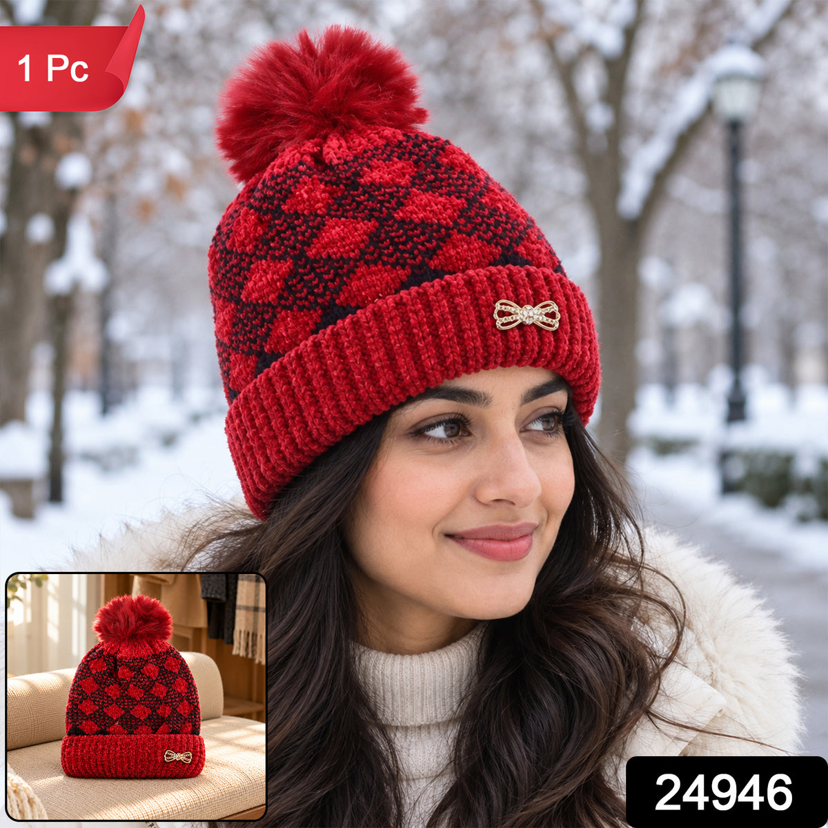 Soft Warm Knitted Winter Beanie Caps with Pom Pom and Inner Lining (1 Pc)