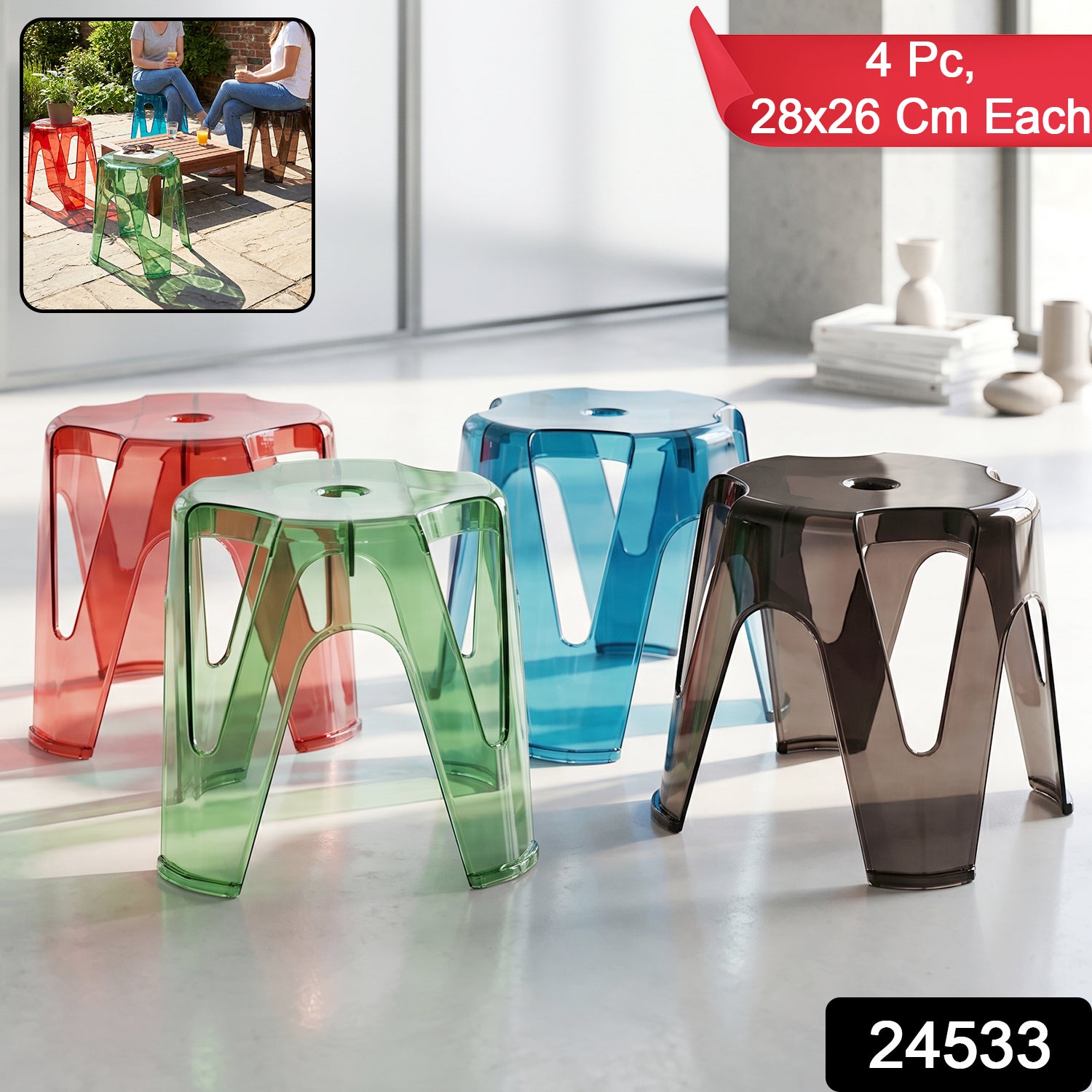 Close up view of a single transparent plastic stool showcasing its design.