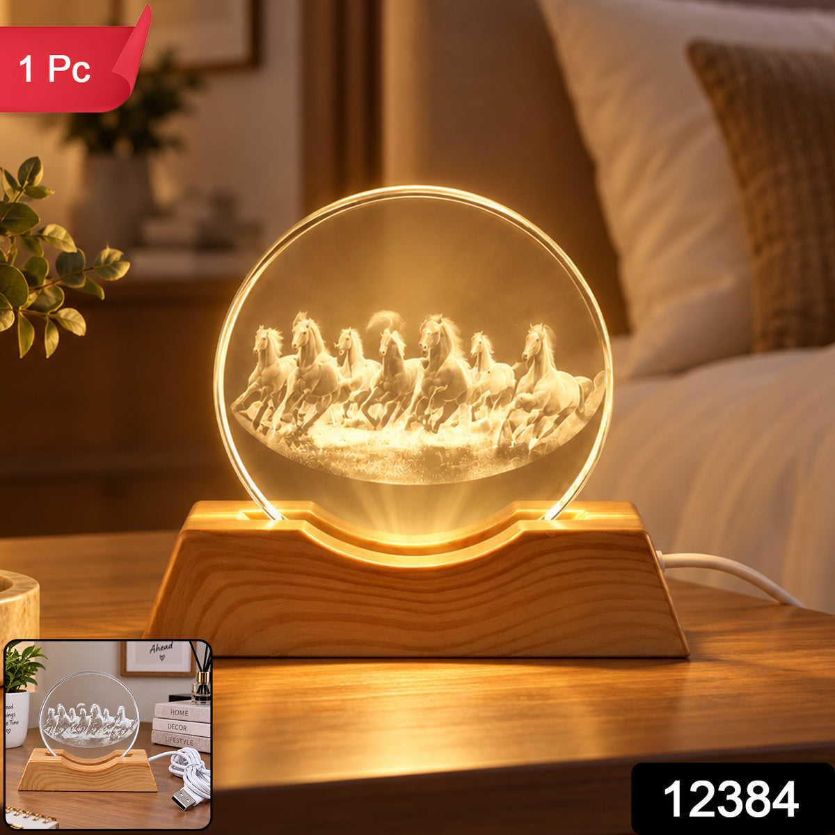 3D Running Horses Crystal LED Table Lamp with Wooden Base (1 Pc)