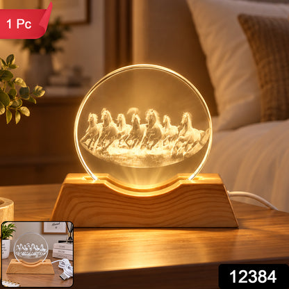 3D Running Horses Crystal LED Table Lamp with Wooden Base (1 Pc)