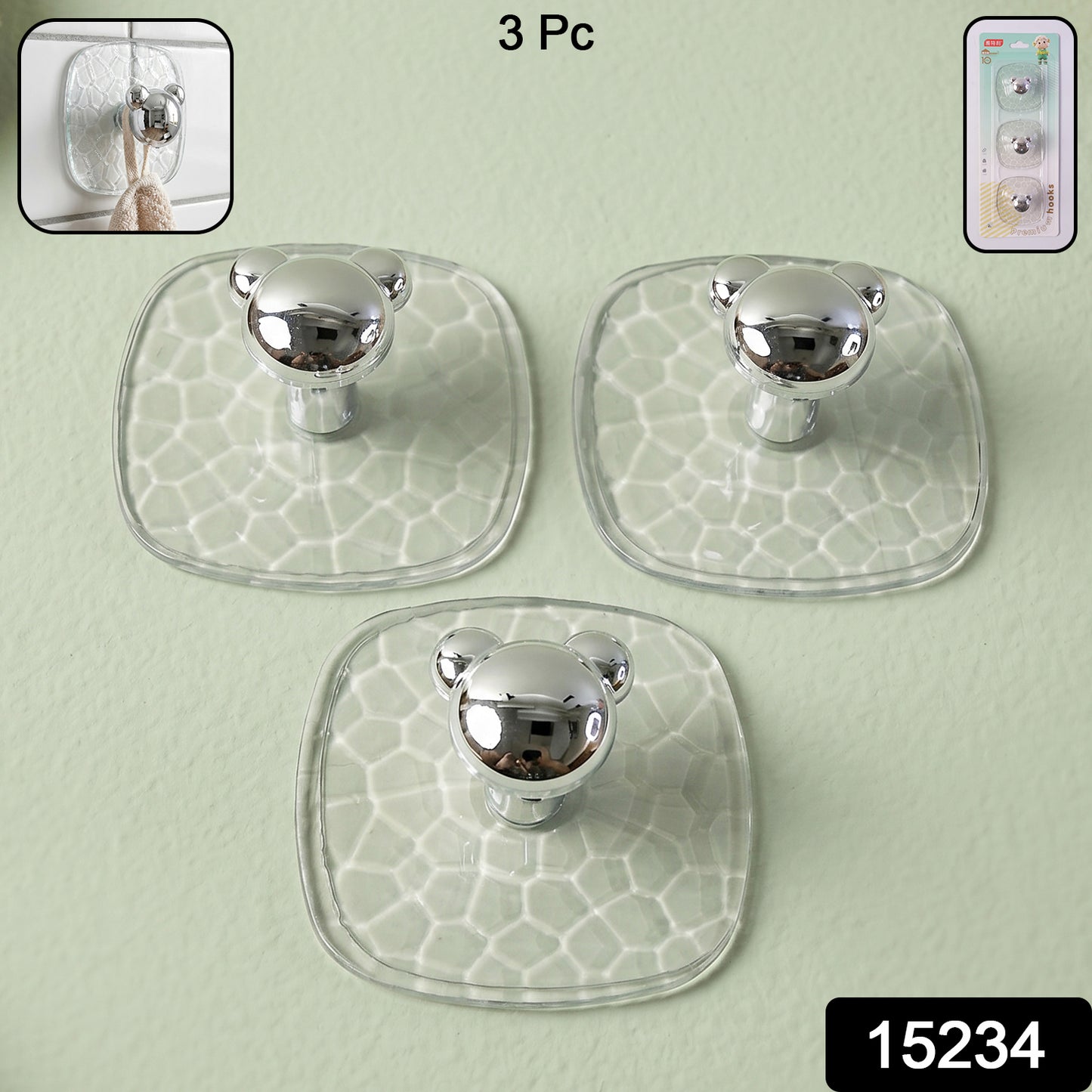 Packaging of 3 clear adhesive wall hooks by Indo Glow