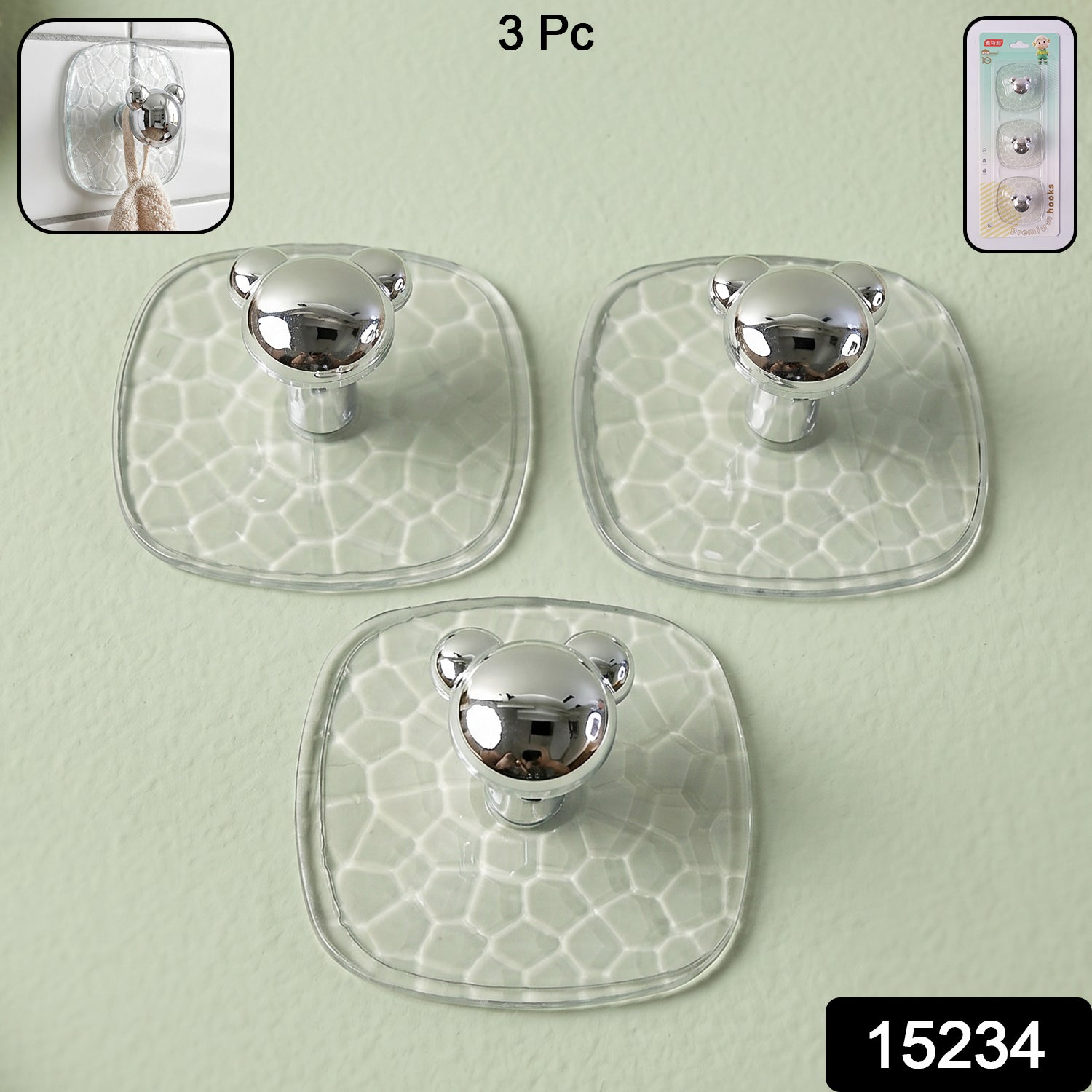 Packaging of 3 clear adhesive wall hooks by Indo Glow