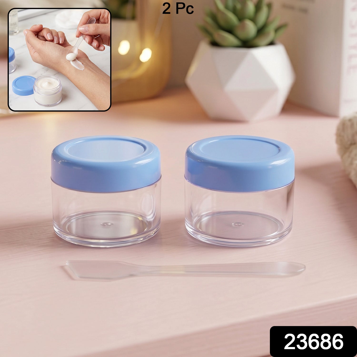 Empty Plastic Cosmetic Cream Jar Set with Spatula for Cream and Balm (2 Pc)