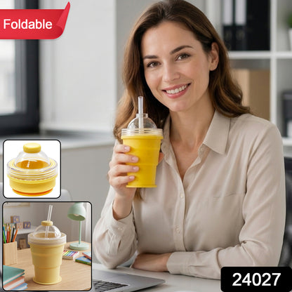 Collapsible silicone cup with reusable straw, 1 piece