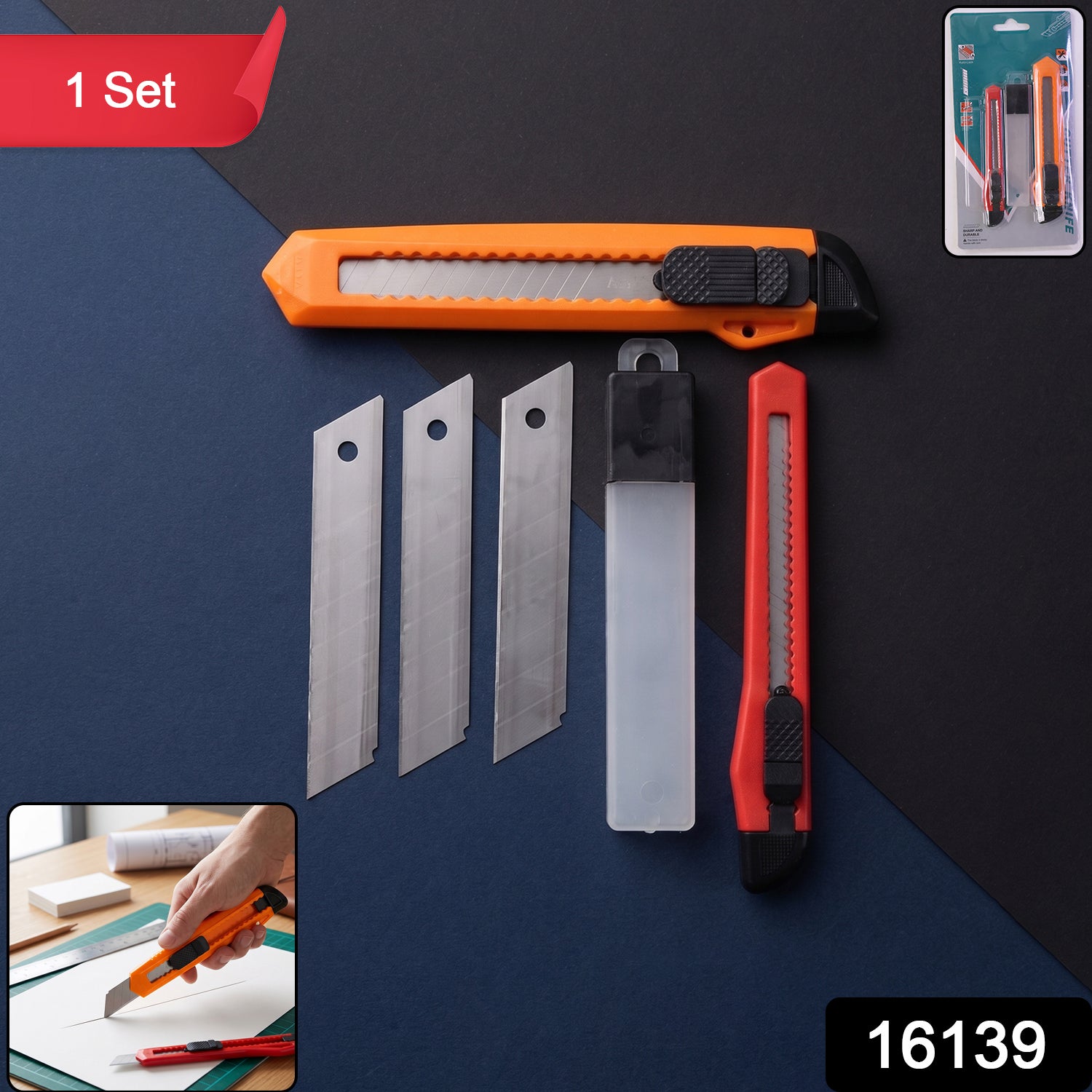 Professional Utility Knife Cutter Set with Extra Snap Off Blades (1 Set)