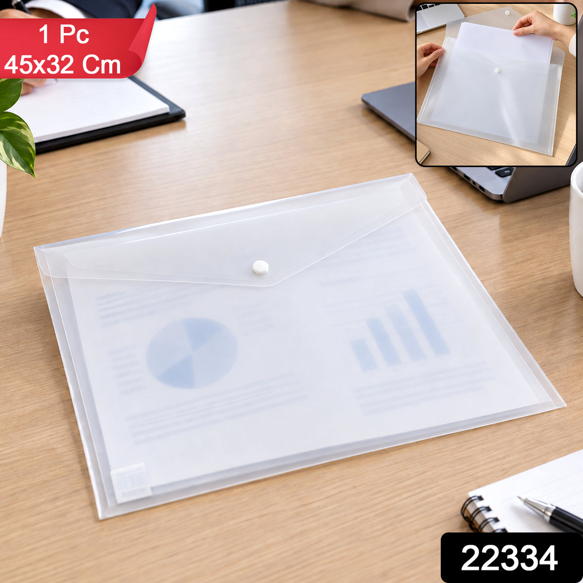 Transparent Plastic Document Folder Envelope Bag with Button for Office (1 Pc)