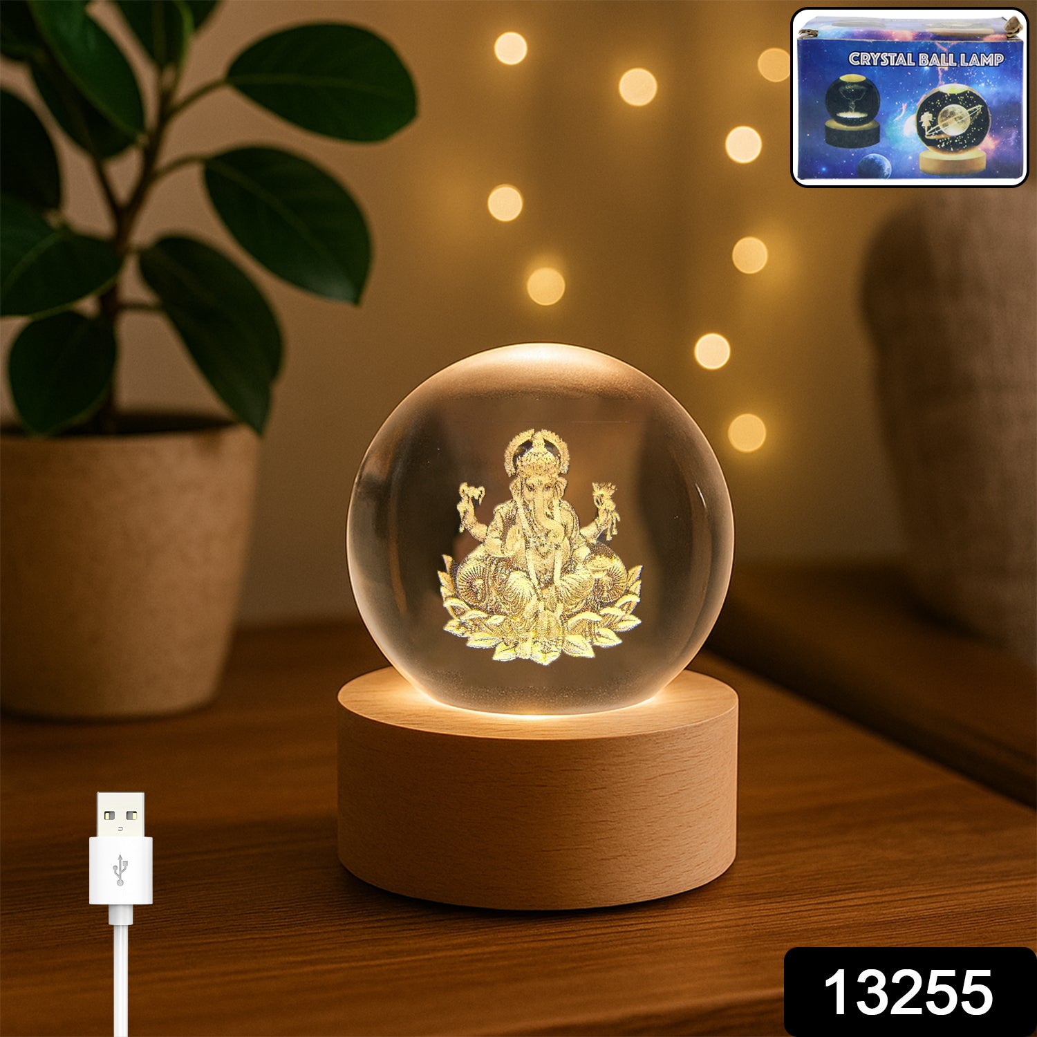 Crystal Ball Lamp with plug and wooden base