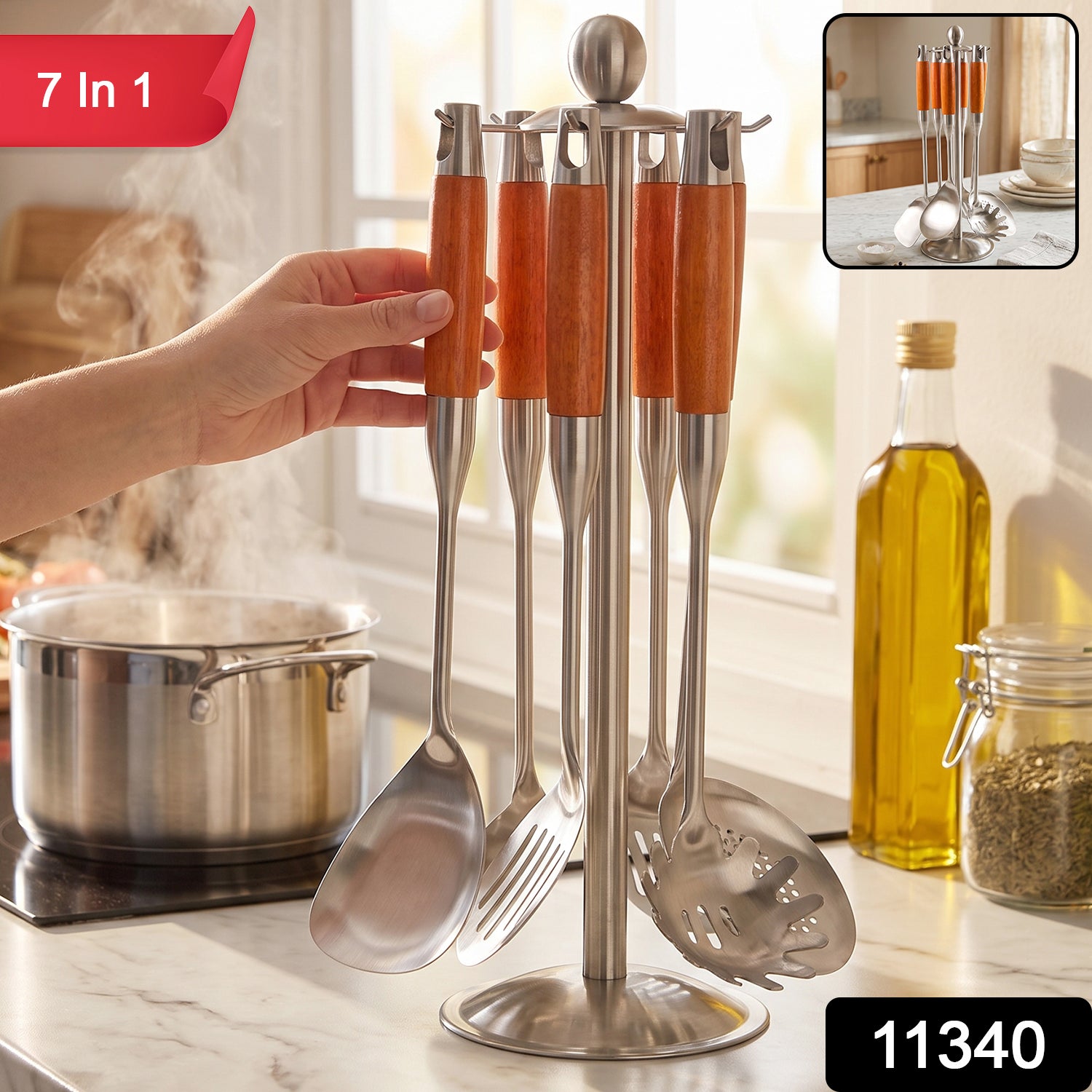 7 In 1 Stainless Steel Kitchen Tool Set with Wooden Handles and Stand (1 Set)