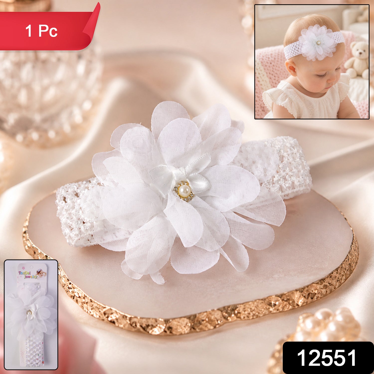 Elastic floral baby headband close-up